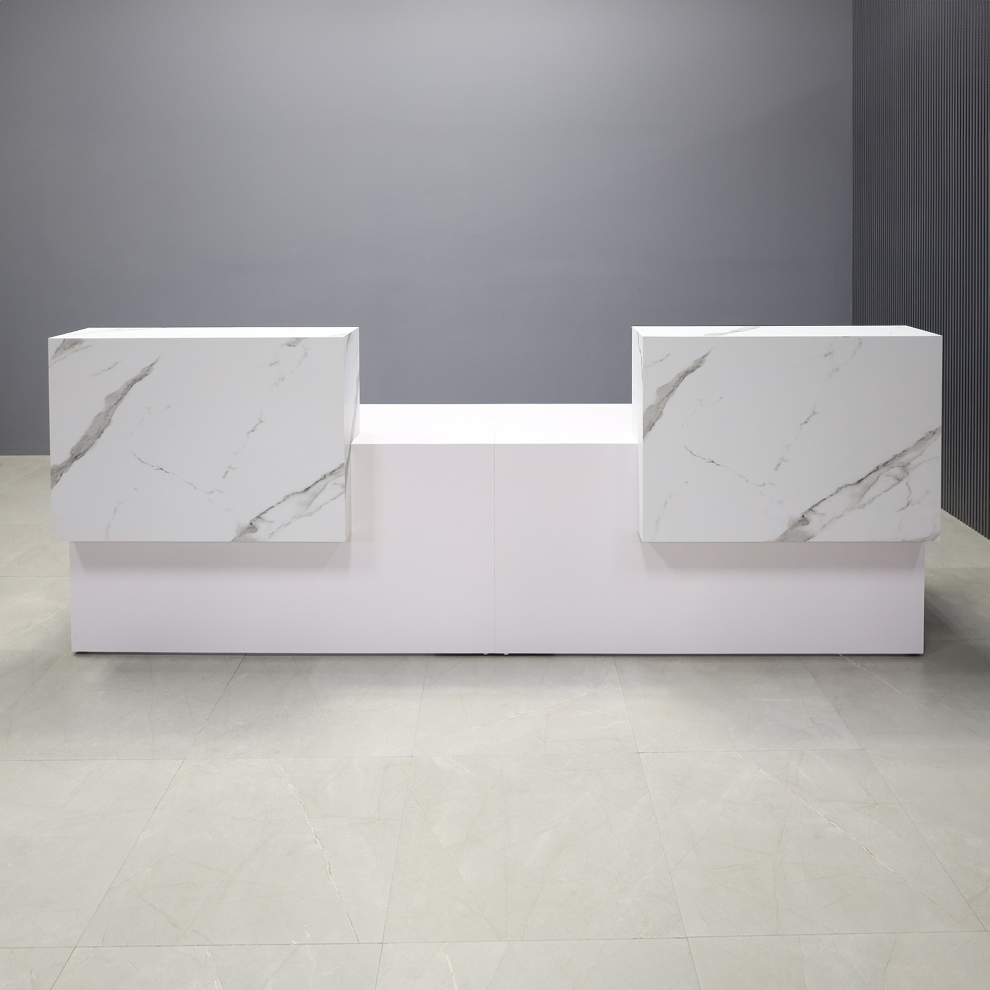 120-inch Los Angeles Double Counter ADA Compliant Custom Reception Desk in calcutta stone pvc counters, and white matte laminate desks.