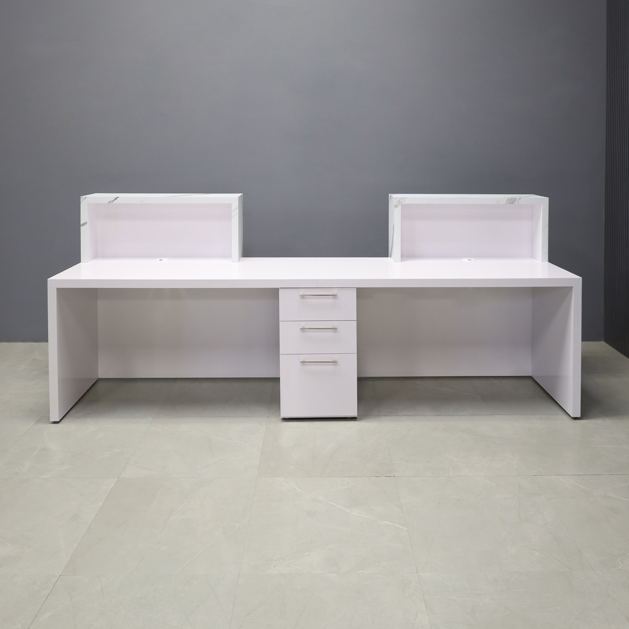 120-inch Los Angeles Double Counter Custom Reception Desk in calcutta stone PVC laminate counters and white matte laminate desks, with built-in storage, shown here.
