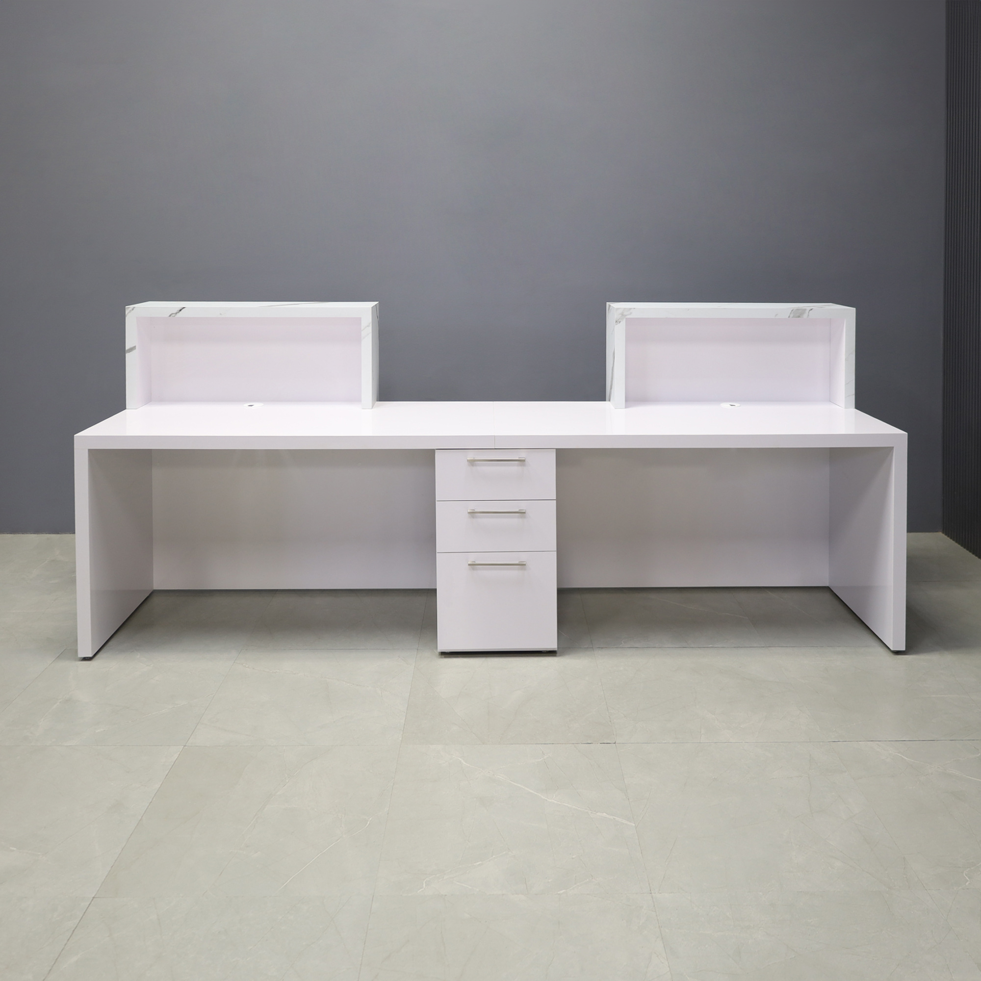 120-inch Los Angeles Double Counter ADA Compliant Custom Reception Desk in calcutta stone pvc counters, and white matte laminate desks. Built-in storage.