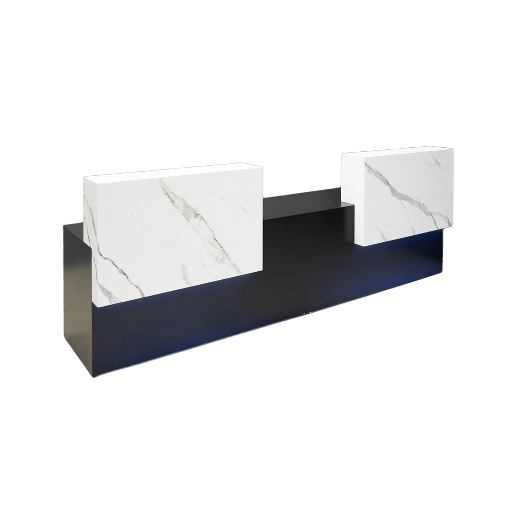 120-inch Los Angeles Double Counter ADA Compliant Custom Reception Desk in calcutta stone pvc counters, black matte laminate desks, and color changing LED.
