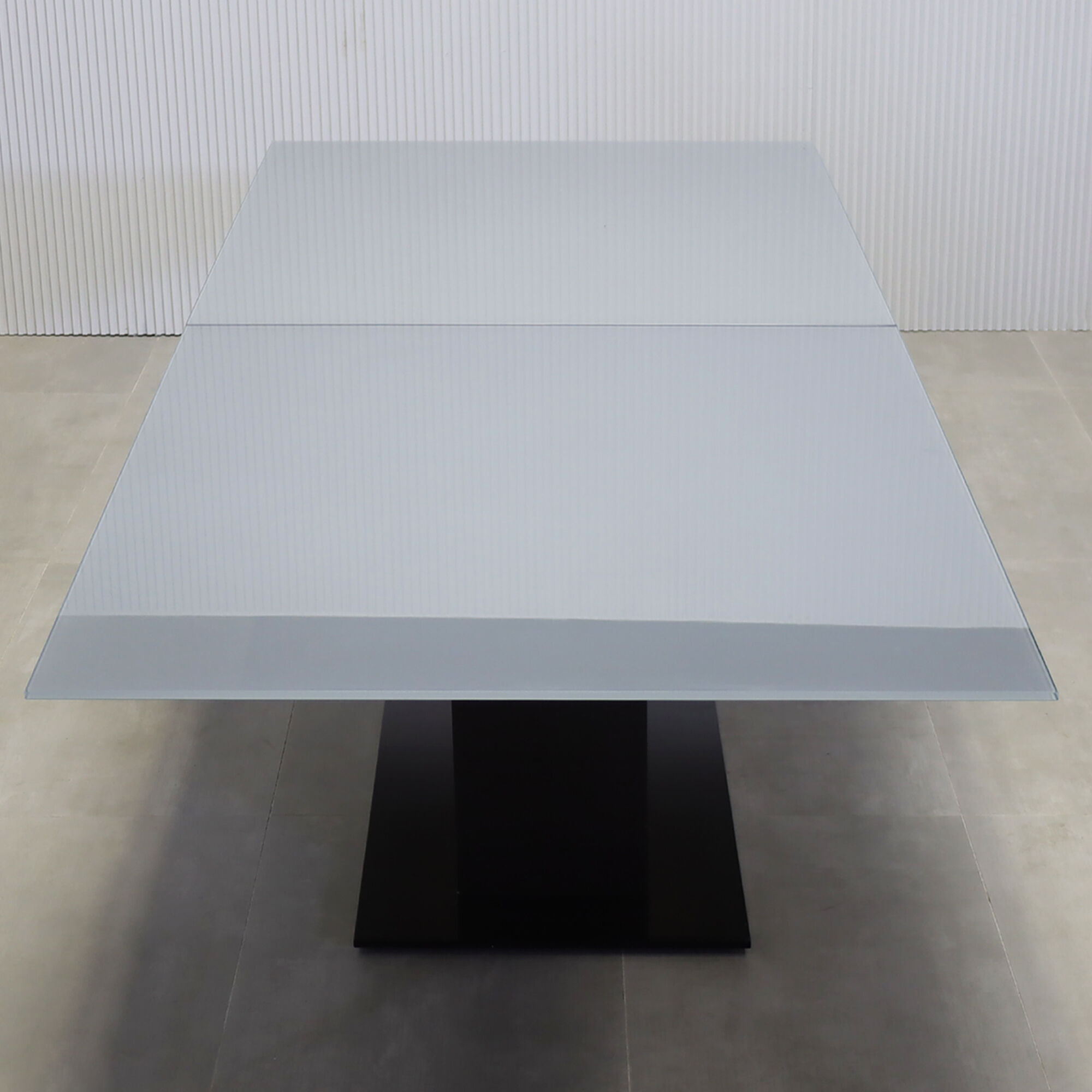 120-inches Omaha Rectangular Shape Conference Table with medium gray tempered glass top, ebony reccon matte laminate pedestal, black powder coated metal pedestal, black powder coated metal X3 base.