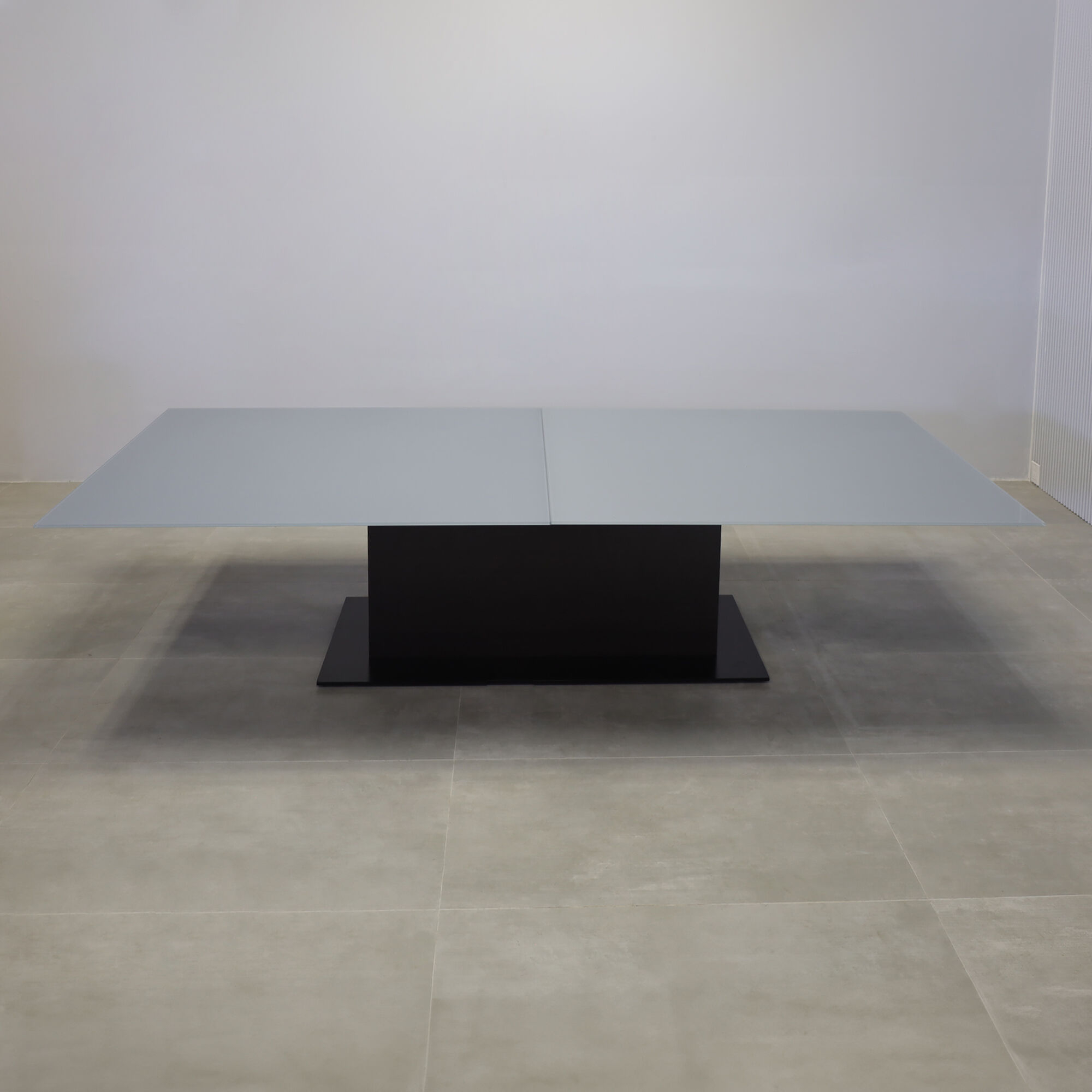 120-inches Omaha Rectangular Shape Conference Table with medium gray tempered glass top, ebony reccon matte laminate pedestal, black powder coated metal pedestal, black powder coated metal X3 base.