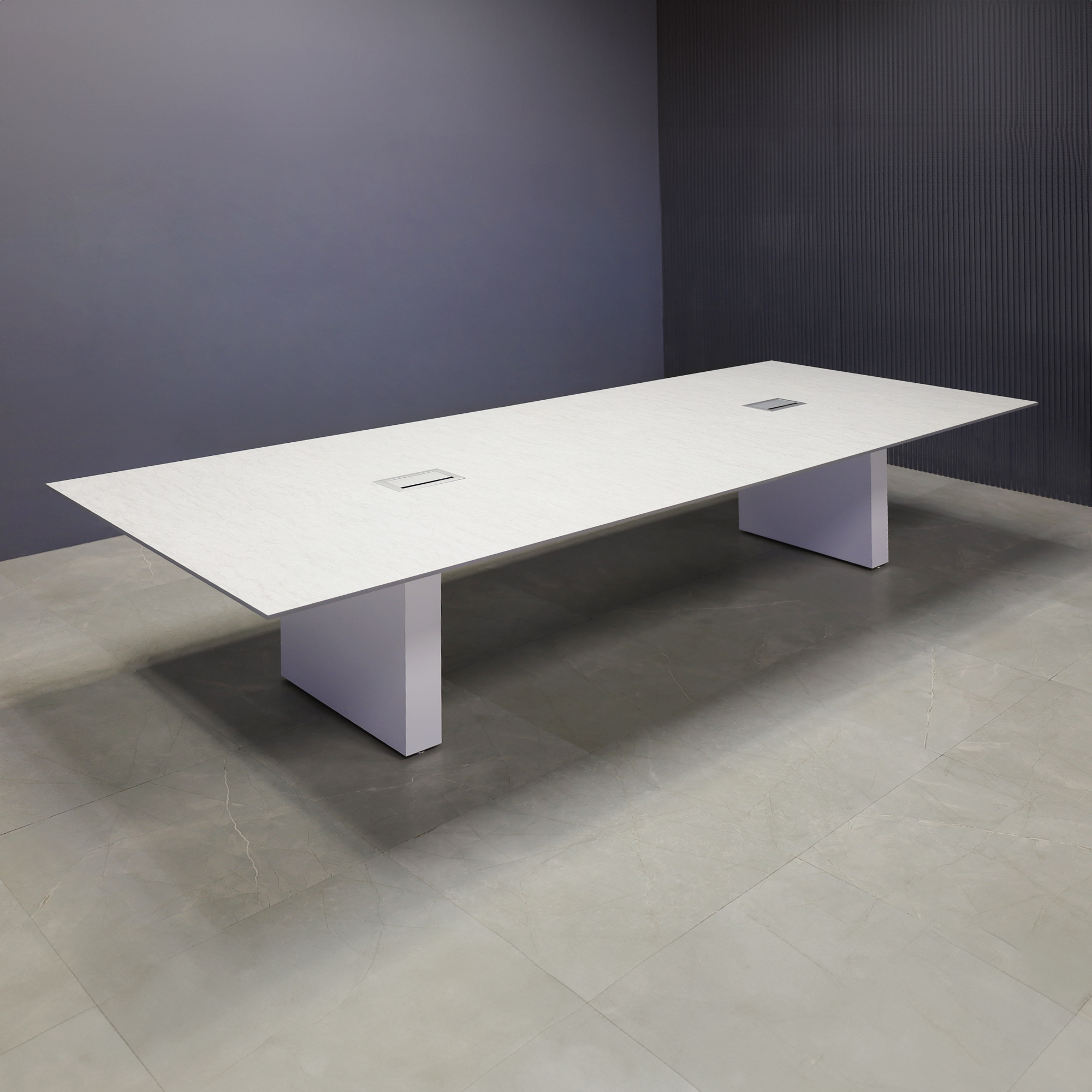 120 in x 60 in Aurora Rectangular Conference Table,  Spanish Limestone engineered surface top, white matte laminate base, and two silver MX3 power boxes.