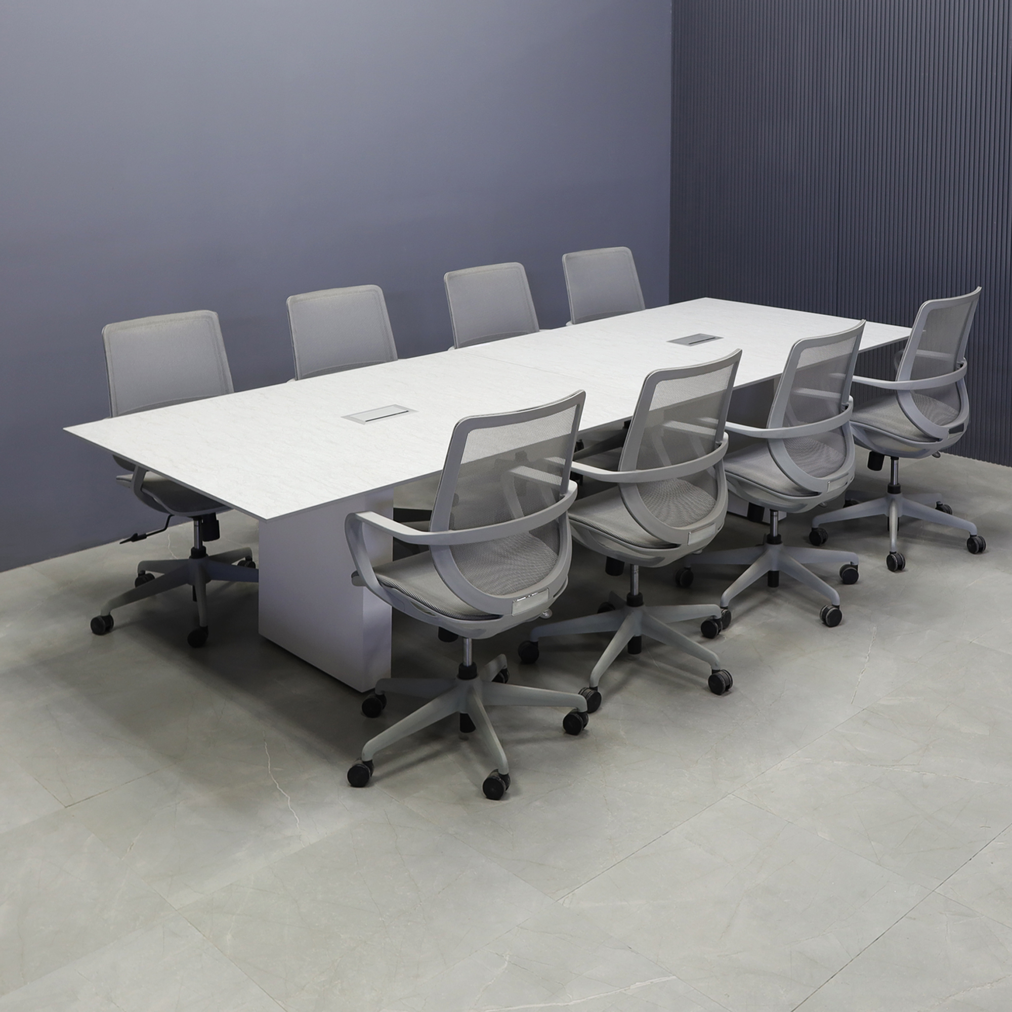 120 inches Aurora Rectangular Conference Table In spanish limestone engineered stone top with two elloras power box, and a dover off-white laminate base & legs shown here.
