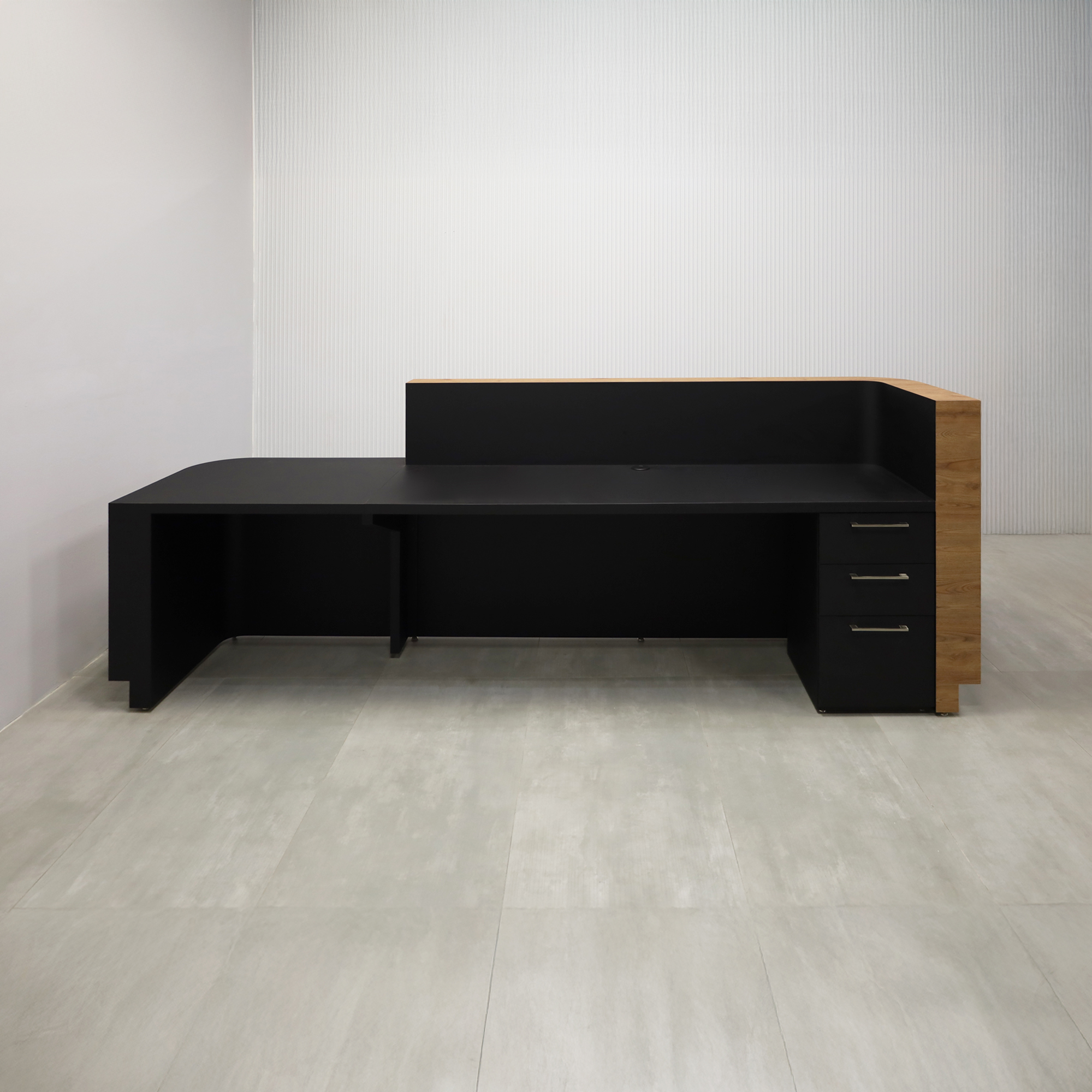120-inch Nola ADA Reception Desk with Spiced Chestnut Matte laminate counter & desk, Black traceless laminate workspace & storage, and brushed aluminum toe-kick.