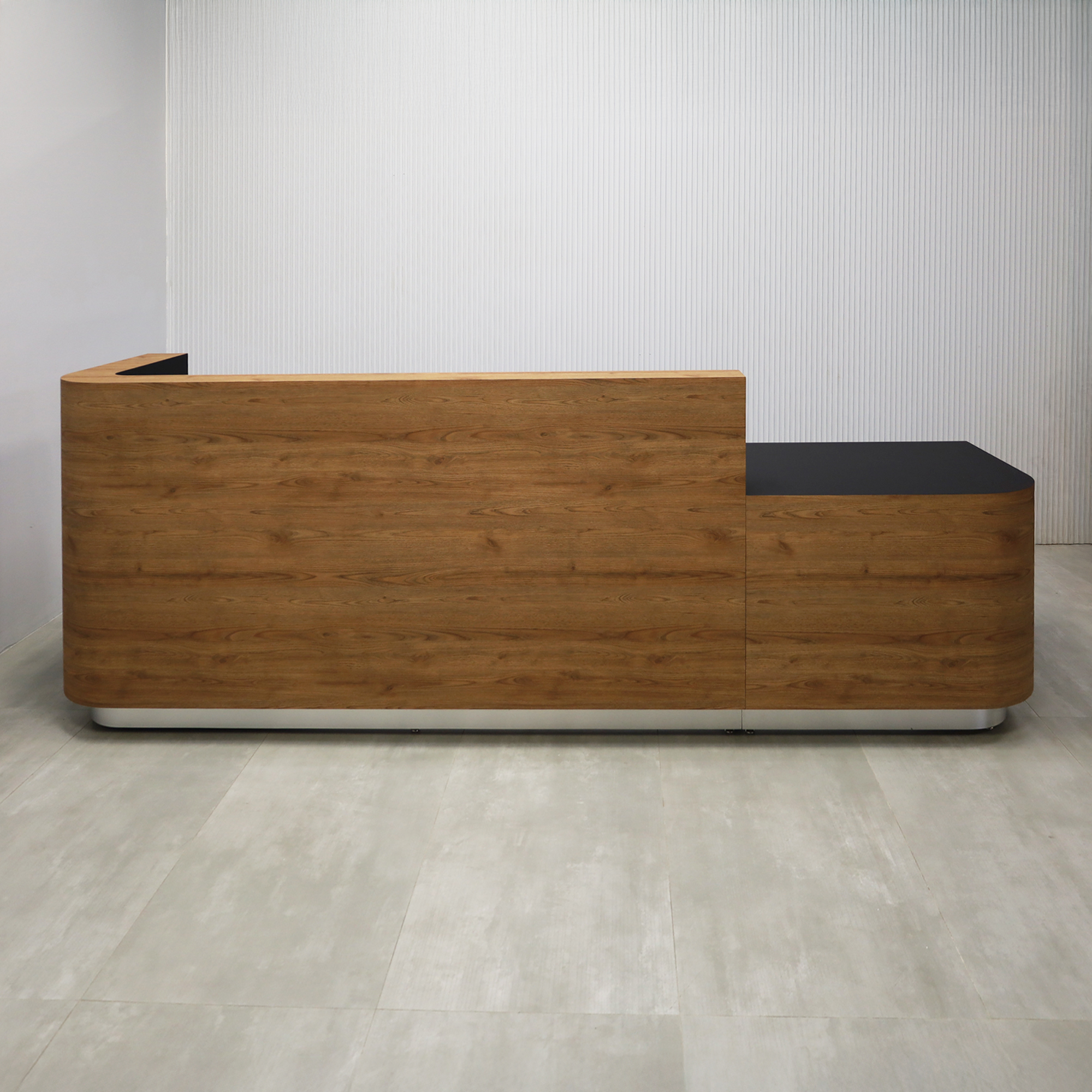 120-inch Nola ADA Reception Desk with Spiced Chestnut Matte laminate counter & desk, Black traceless laminate workspace & storage, and brushed aluminum toe-kick.