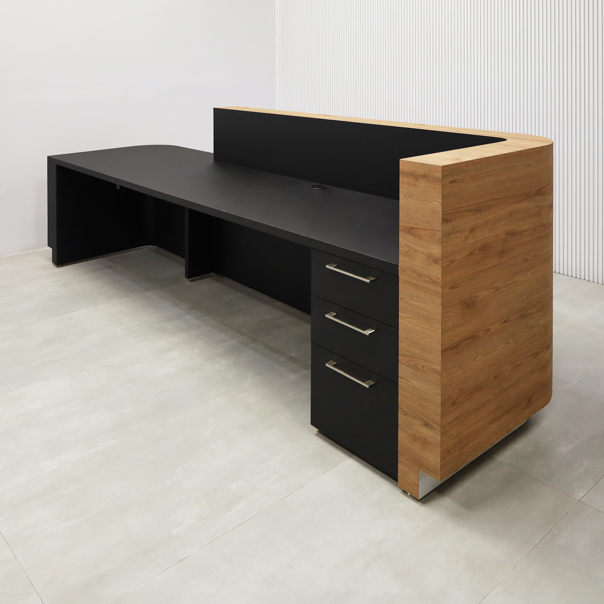 120-inch Nola ADA Reception Desk with Spiced Chestnut Matte laminate counter & desk, Black traceless laminate workspace & storage, and brushed aluminum toe-kick.