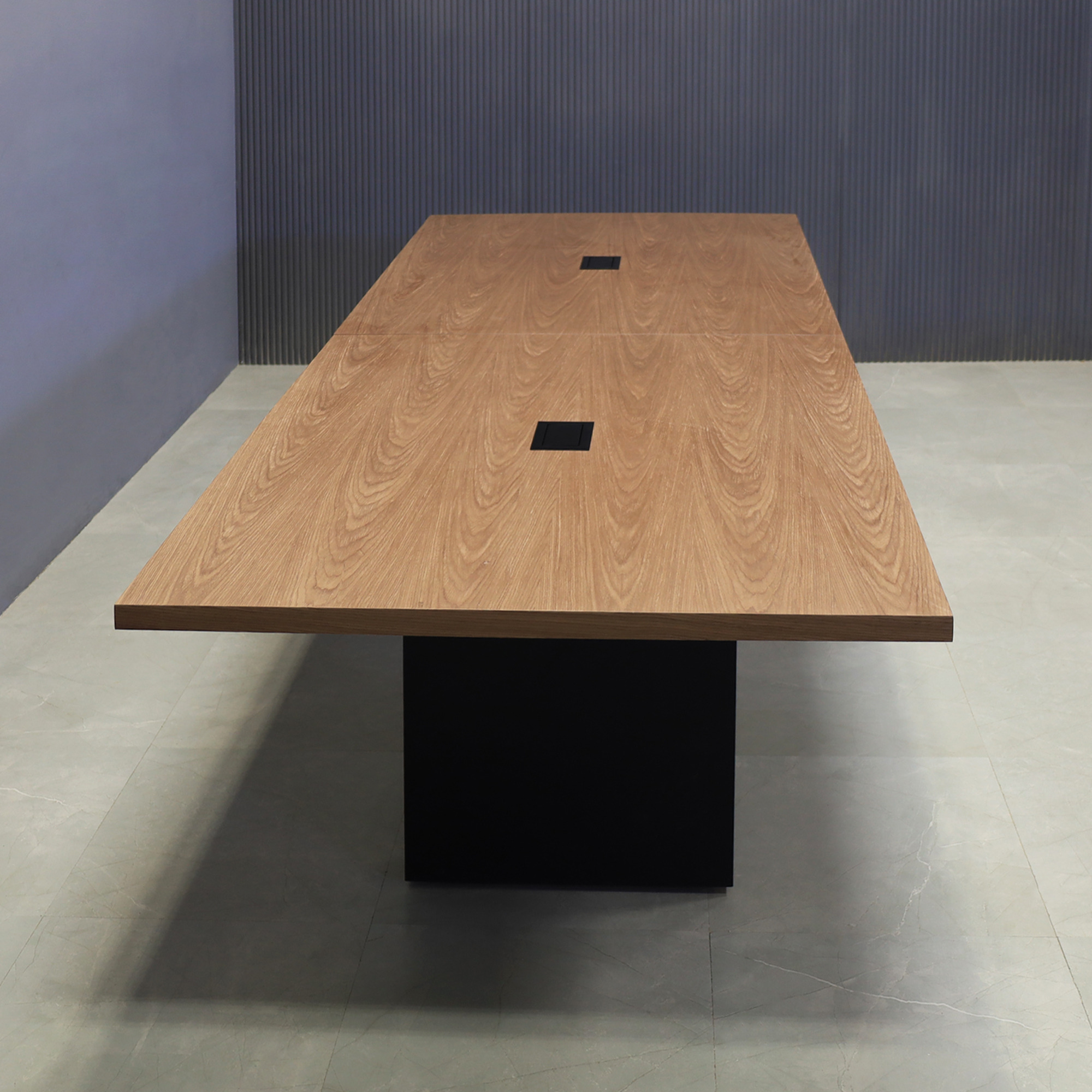 120-inch Newton Rectangular Conference Table in walnut laminate top and black matte laminate base, with 2 black MX2 powerboxes, shown here.