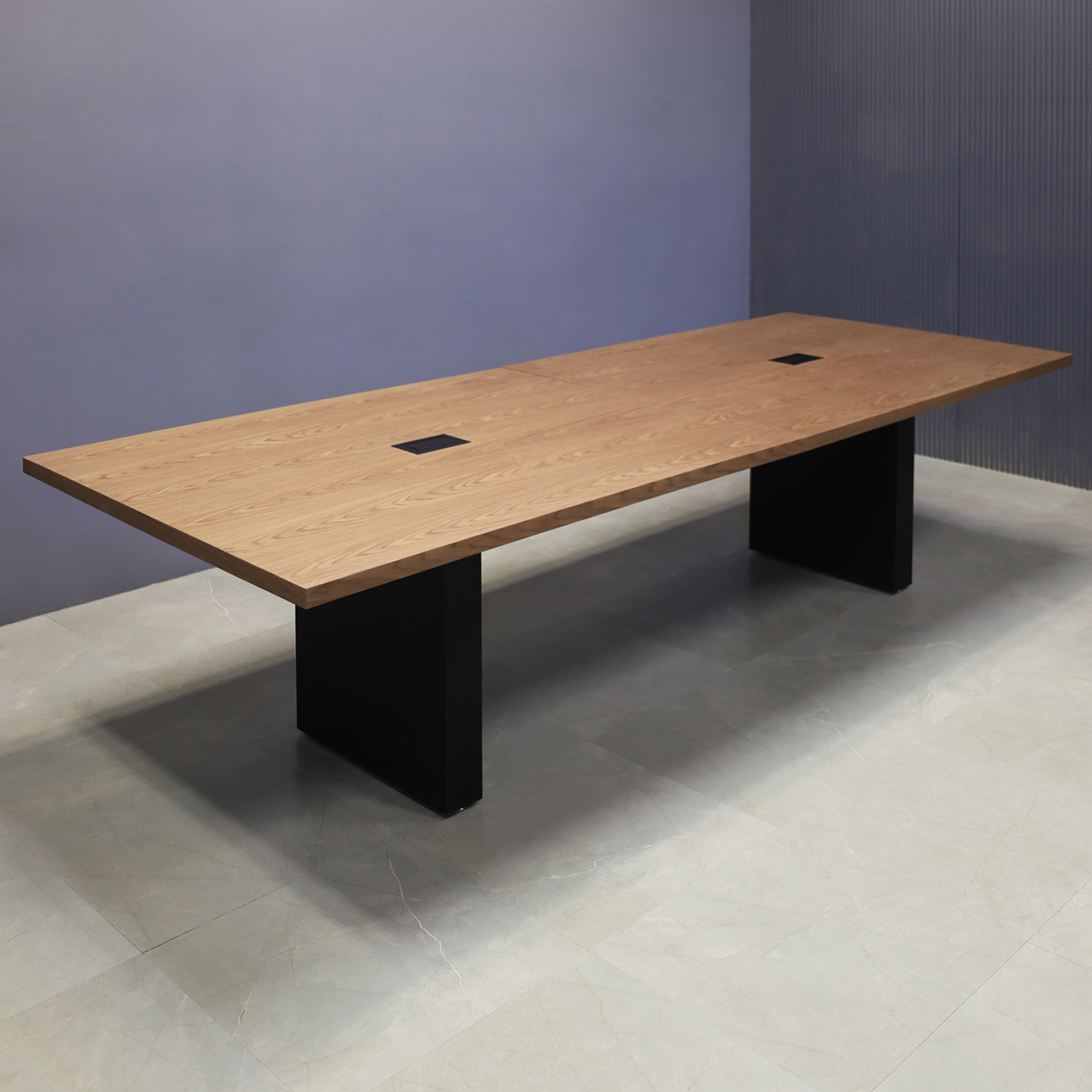 120-inch Newton Rectangular Conference Table with walnut veneer top, black matte laminate base, and two Mx2 power boxes in black.