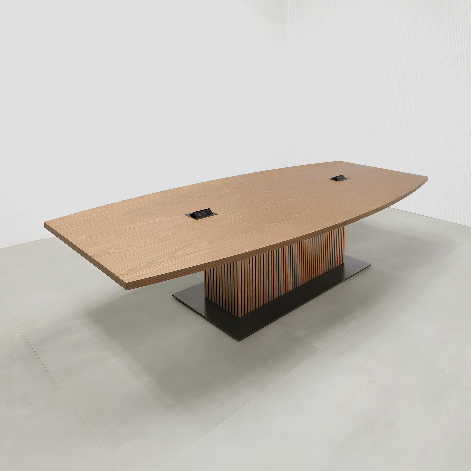 120-inch Newton Boat Conference Table with Laminate Top and X3 Base with walnut wood veneer top, walnut wood veneer tambour pedestal base, black matte laminate base, and mx2 power box in black.