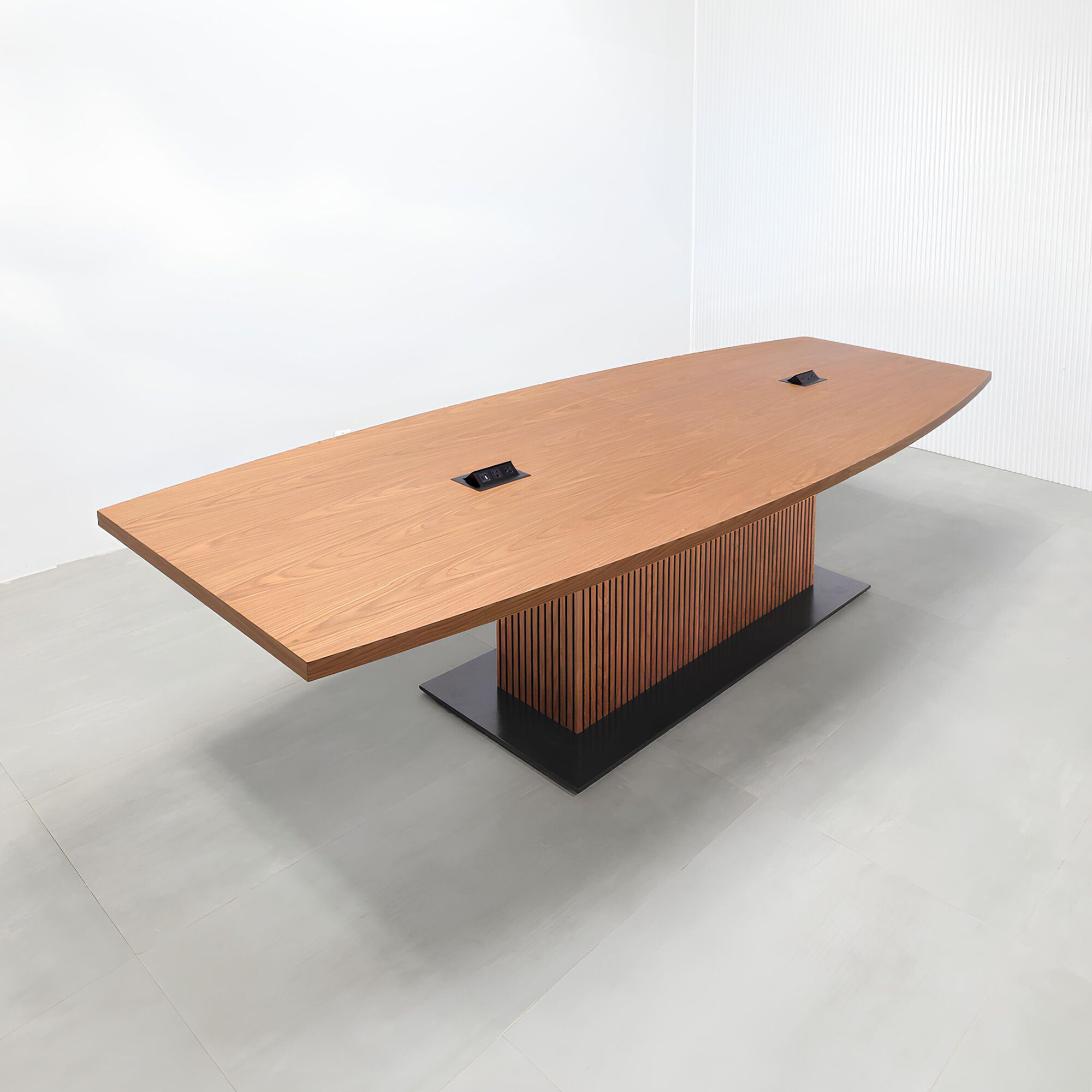 120-inch Newton Boat Conference Table with Laminate Top and X3 Base with walnut wood veneer top, walnut wood veneer tambour pedestal base, black matte laminate base, and mx2 power box in black.