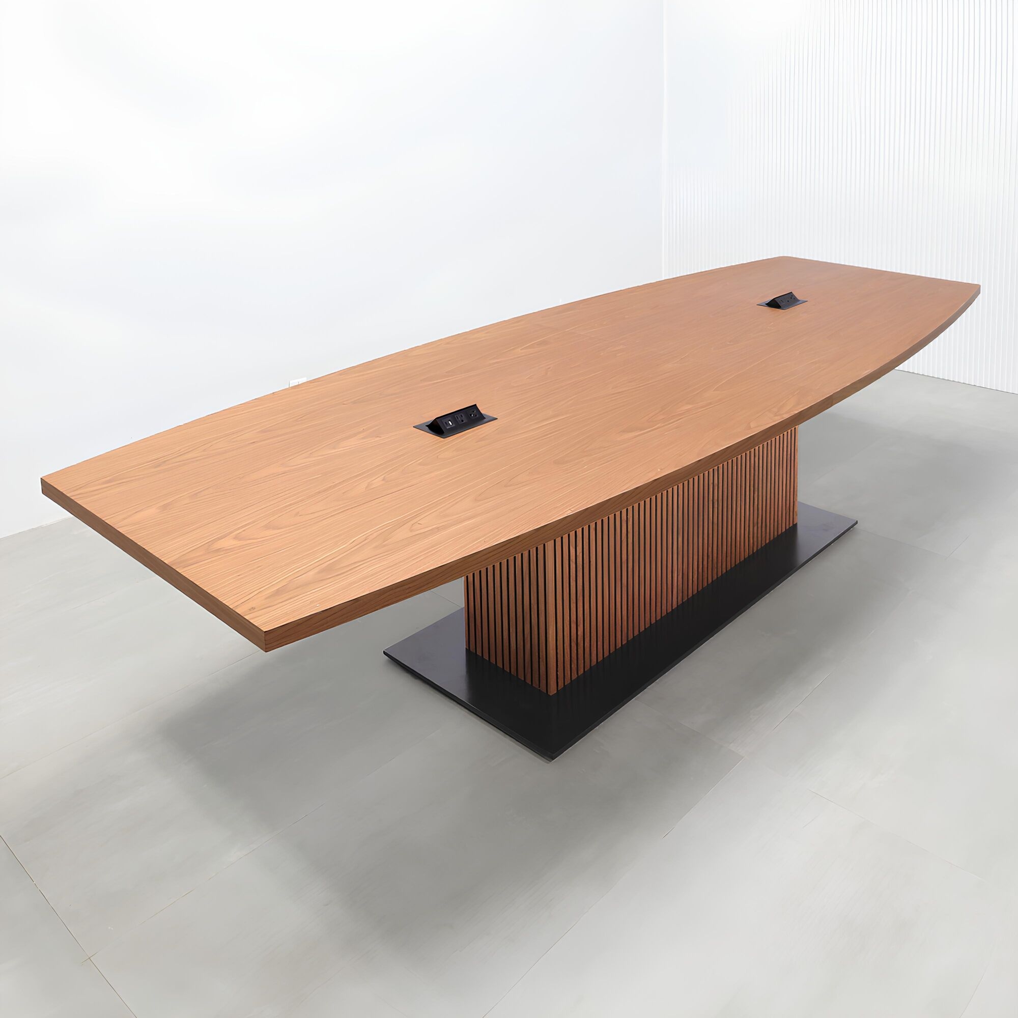 120-inch Newton Boat Conference Table with Laminate Top and X3 Base with walnut wood veneer top, walnut wood veneer tambour pedestal base, black matte laminate base, and mx2 power box in black.
