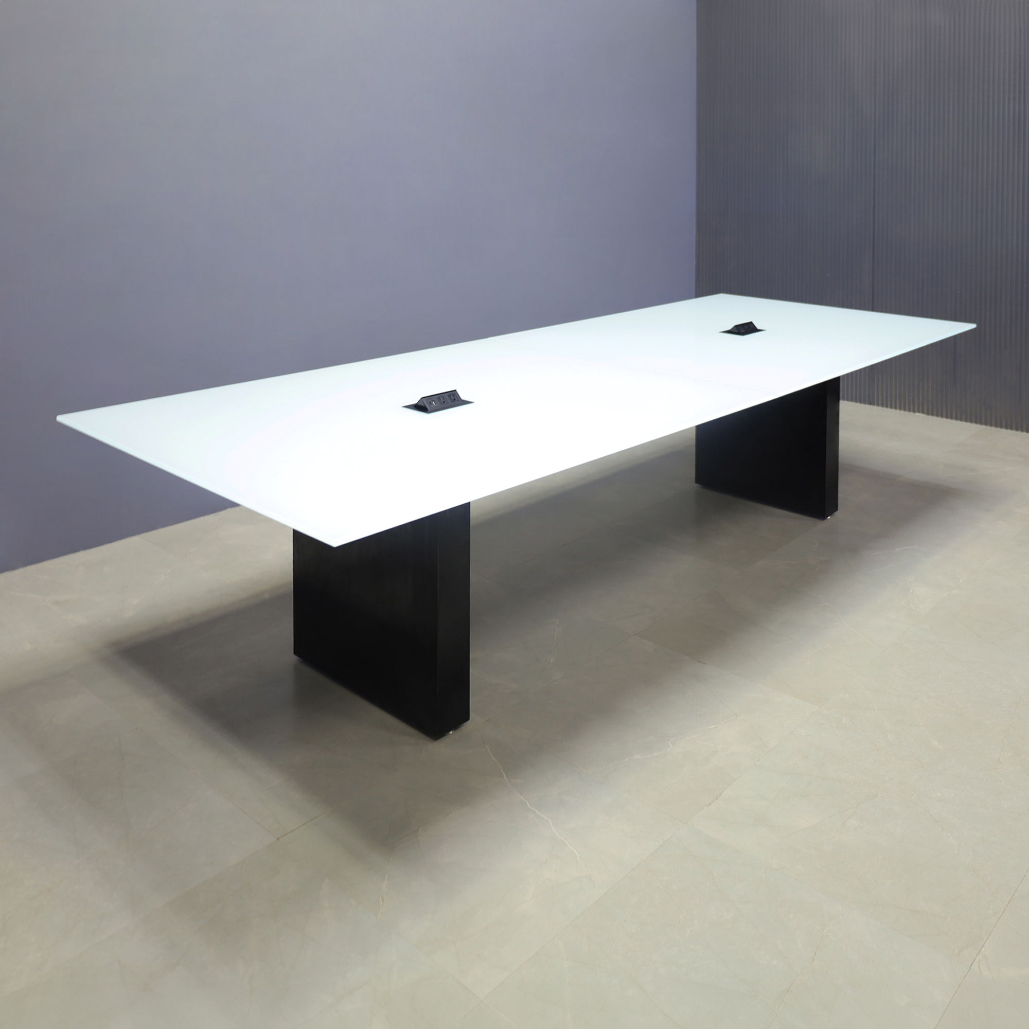 120-inch Omaha Rectangular Conference Table with white glass top, white glass top, black gloss laminate base, and Mx2 in black.