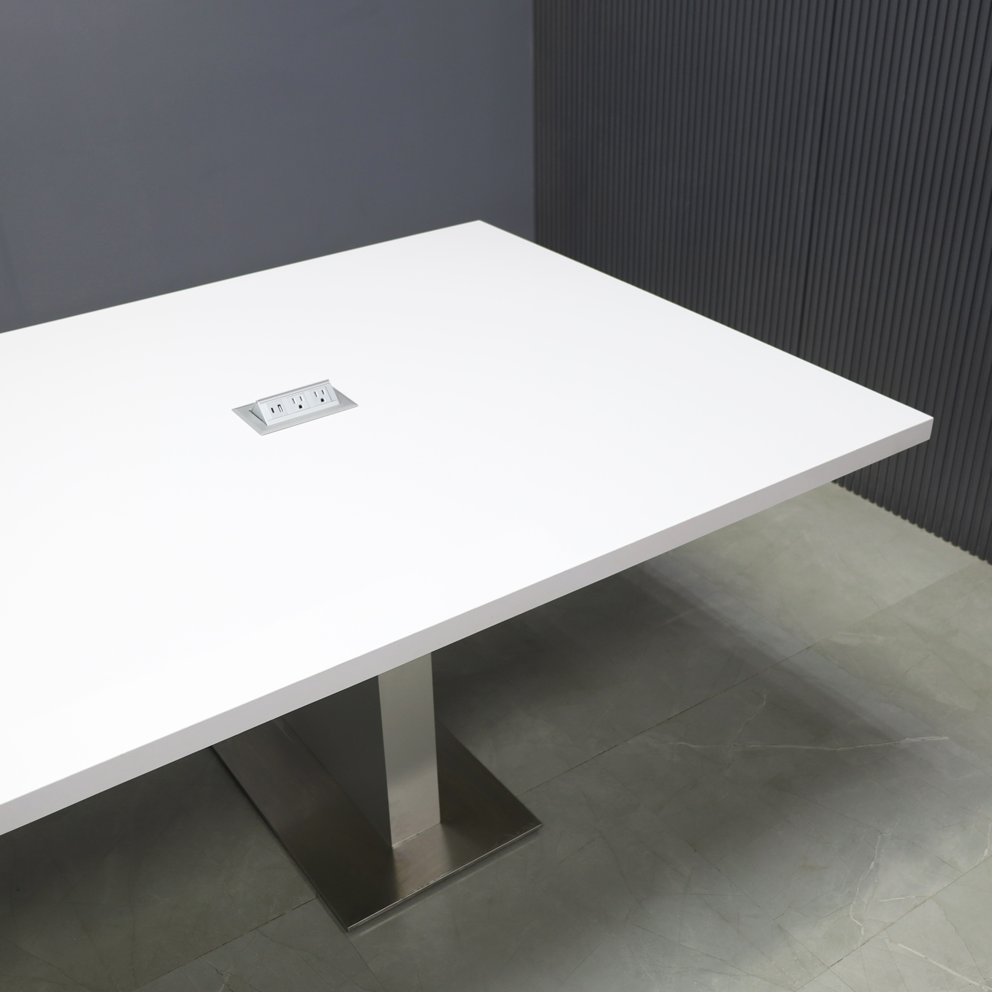 120-inch Newton Rectangular Conference Table in white gloss laminate top and brushed aluminum laminate custom pedestal base, with two silver MX2 powerboxes, shown here.