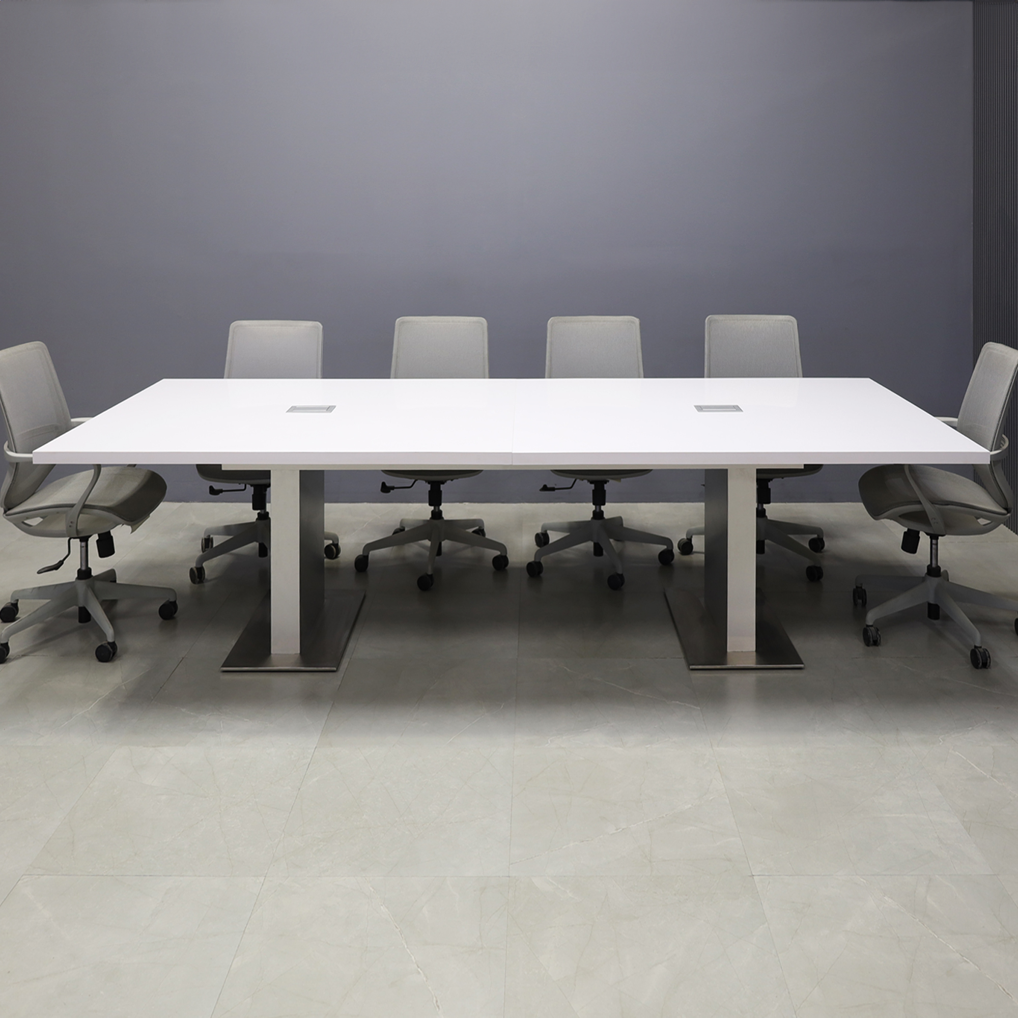 120-inch Newton Rectangular Conference Table in white gloss laminate top and brushed aluminum laminate custom pedestal base, with two silver MX2 powerboxes, shown here.