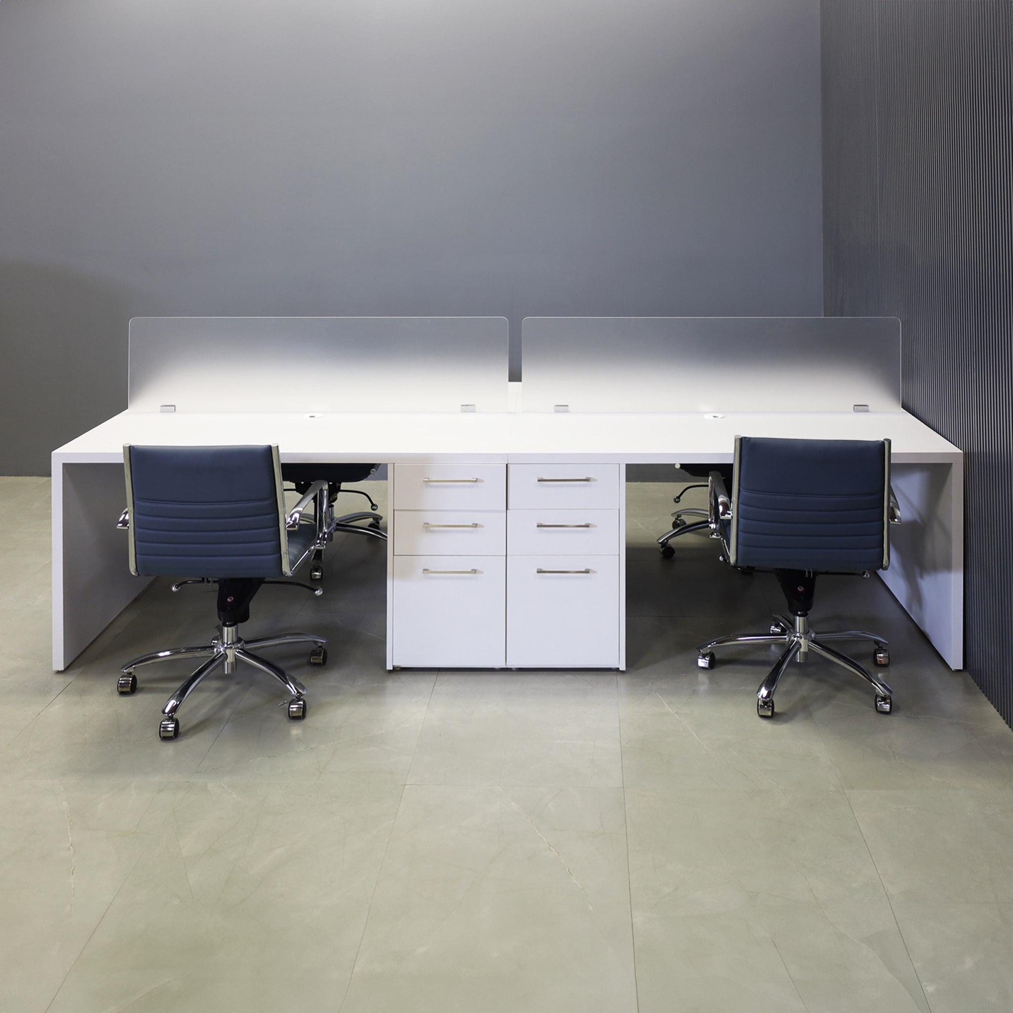 120-inch aXis Custom Workstation in white gloss laminate top, legs and storage, with two frosted acrylic partitions shown here.