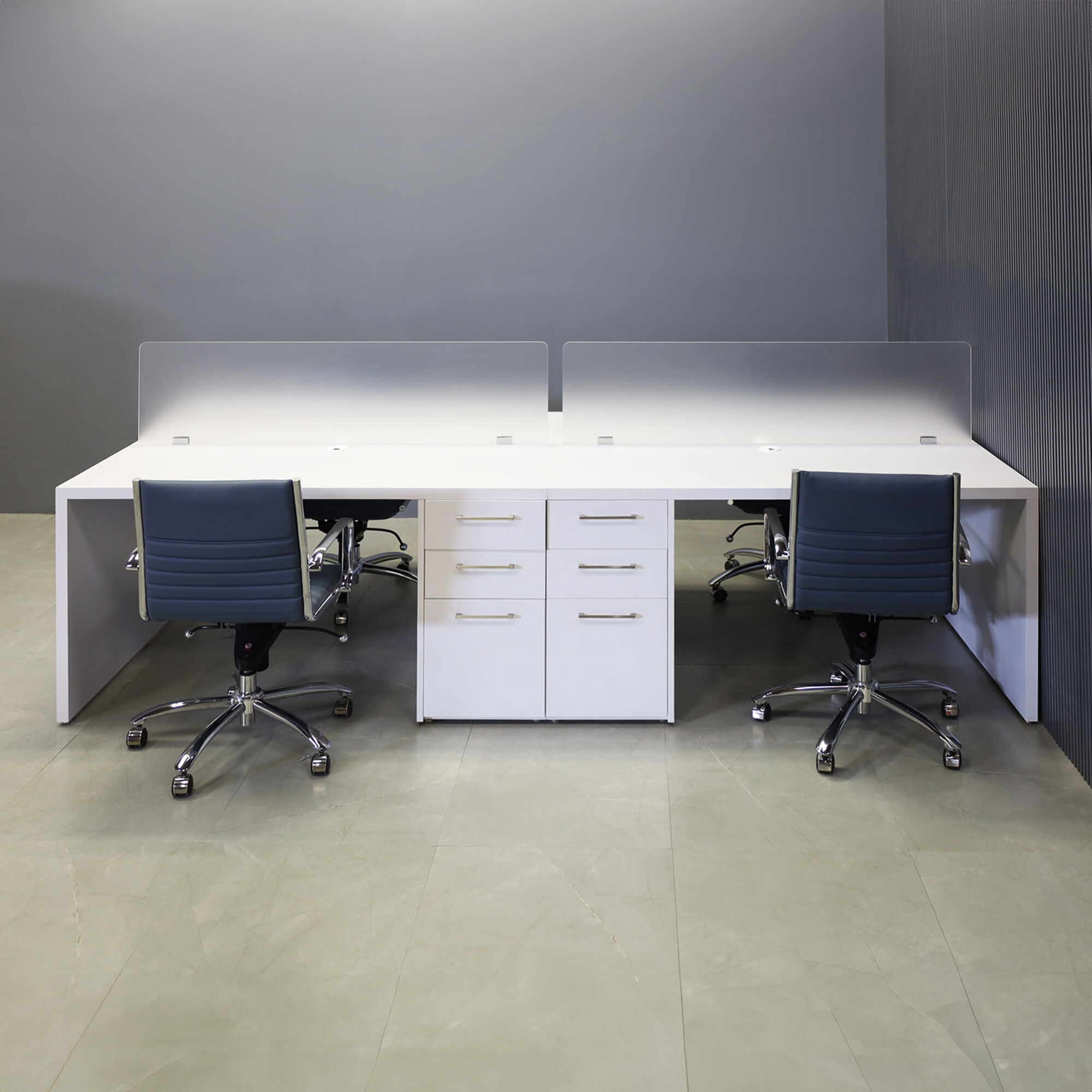 120-inch aXis Custom Workstation in white gloss laminate top, legs & storage, with two frosted acrylic partitions.