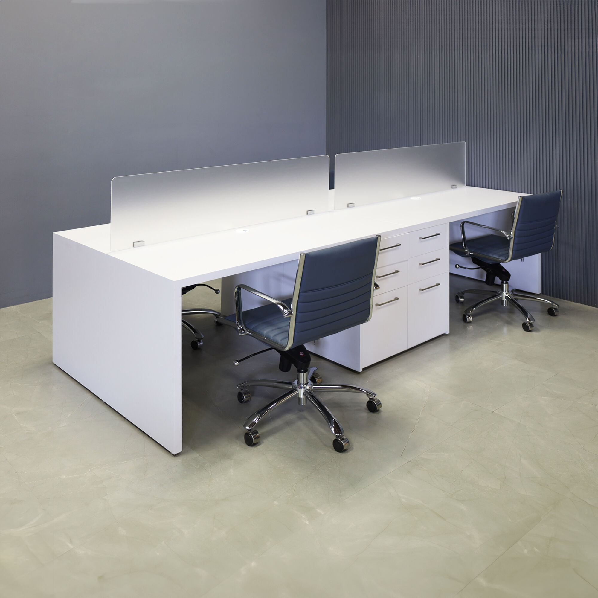 120-inch aXis Custom Workstation in white gloss laminate top, legs & storage, with two frosted acrylic partitions.