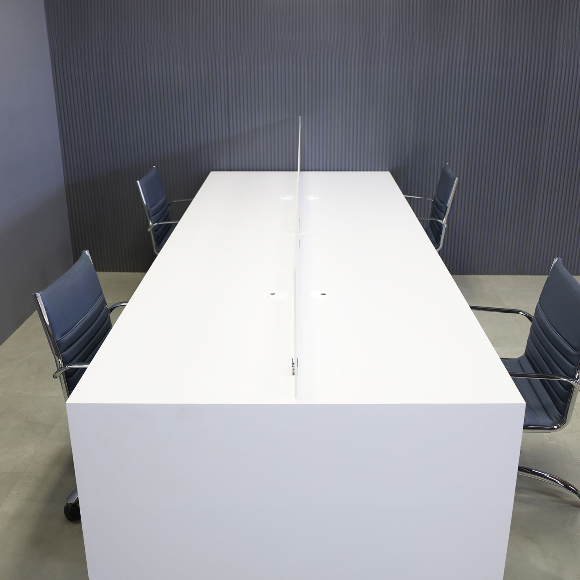 120-inch aXis Custom Workstation in white gloss laminate top, legs & storage, with two frosted acrylic partitions.