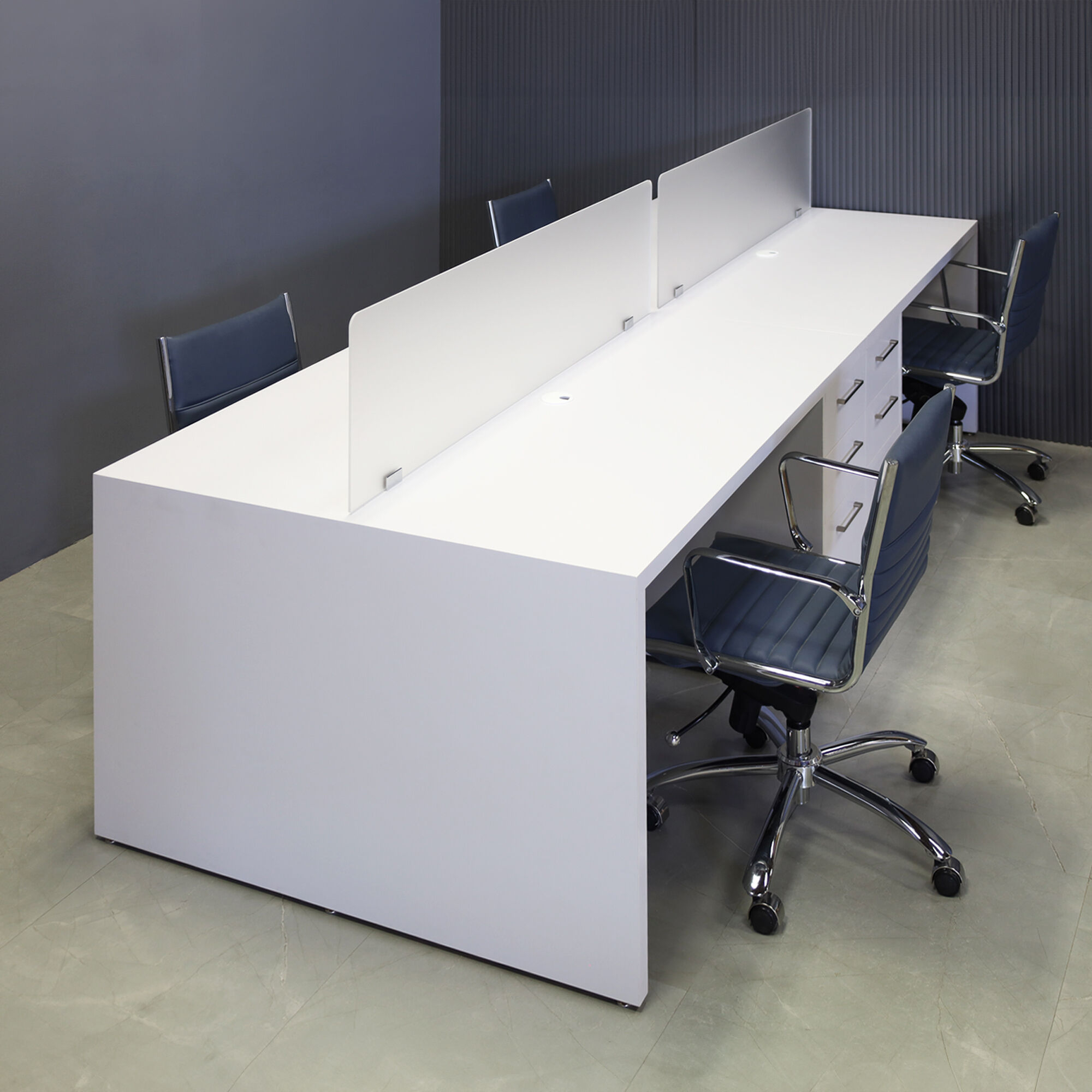 120-inch aXis Custom Workstation in white gloss laminate top, legs & storage, with two frosted acrylic partitions.
