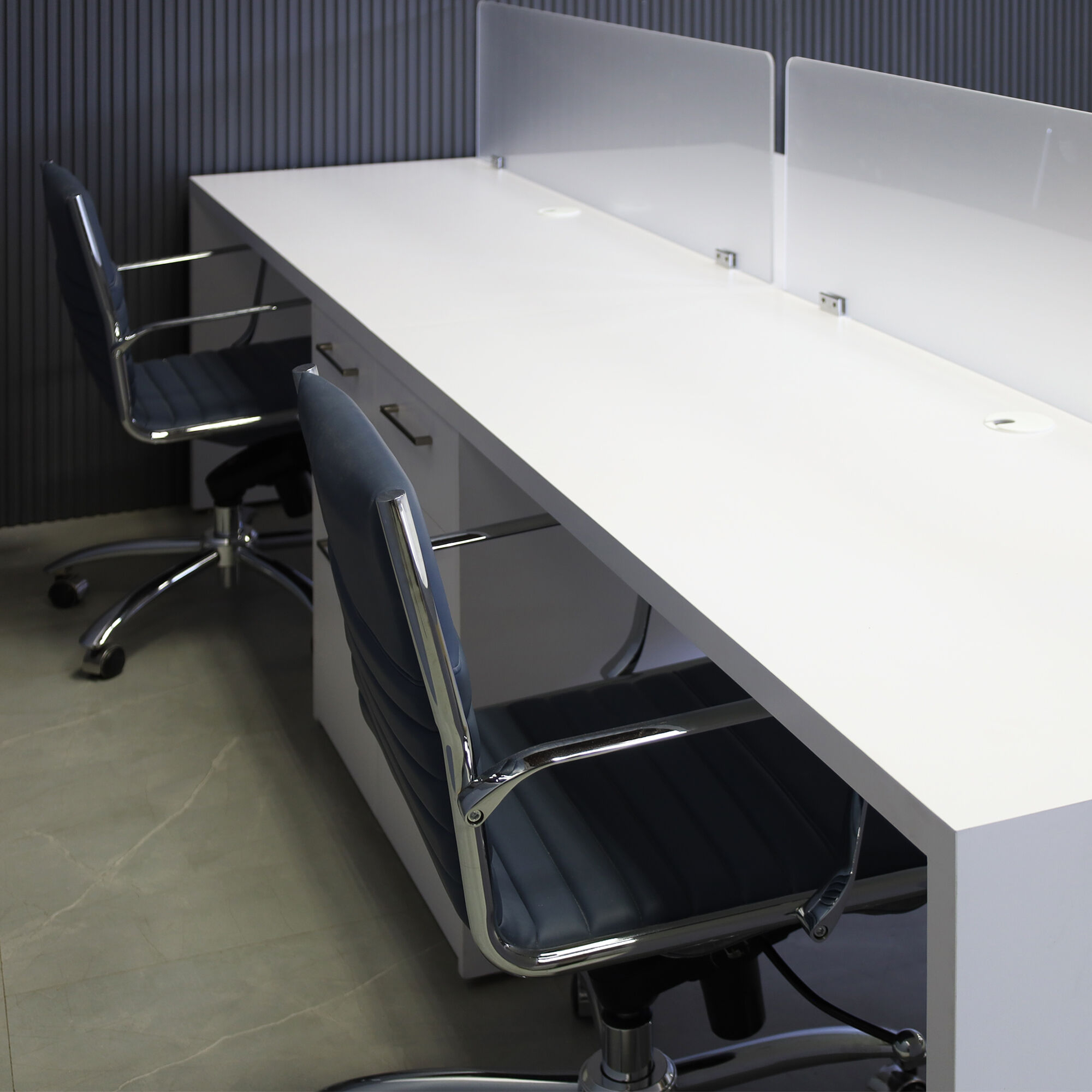 120-inch aXis Custom Workstation in white gloss laminate top, legs & storage, with two frosted acrylic partitions.
