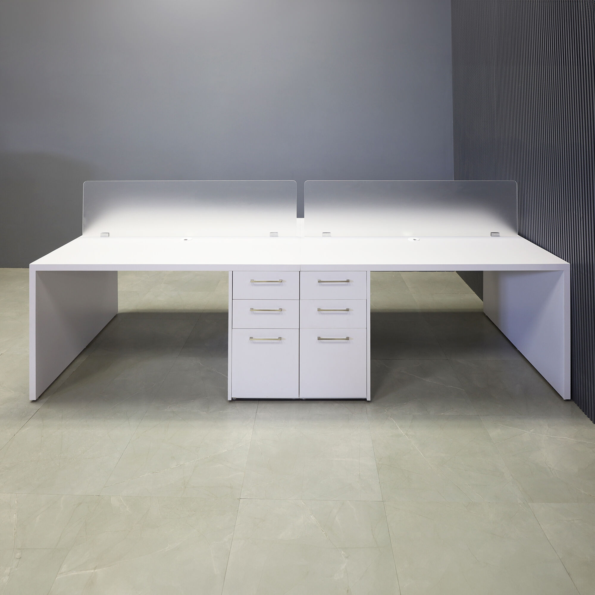 120-inch aXis Custom Workstation in white gloss laminate top, legs & storage, with two frosted acrylic partitions.