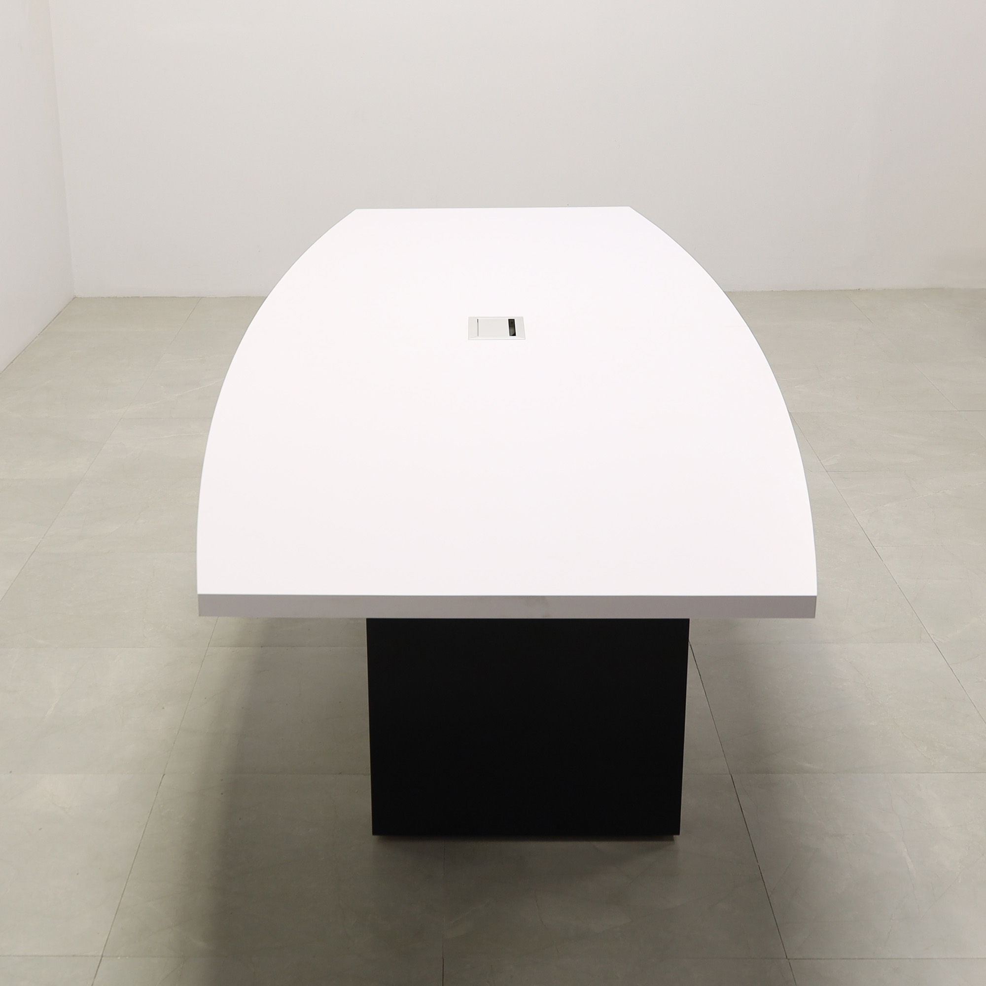 120 inches Newton Boat Shaped Conference Table In White Matte Laminate Top with a built-in power box with USB and HDMI features, and black matte laminate base shown here.