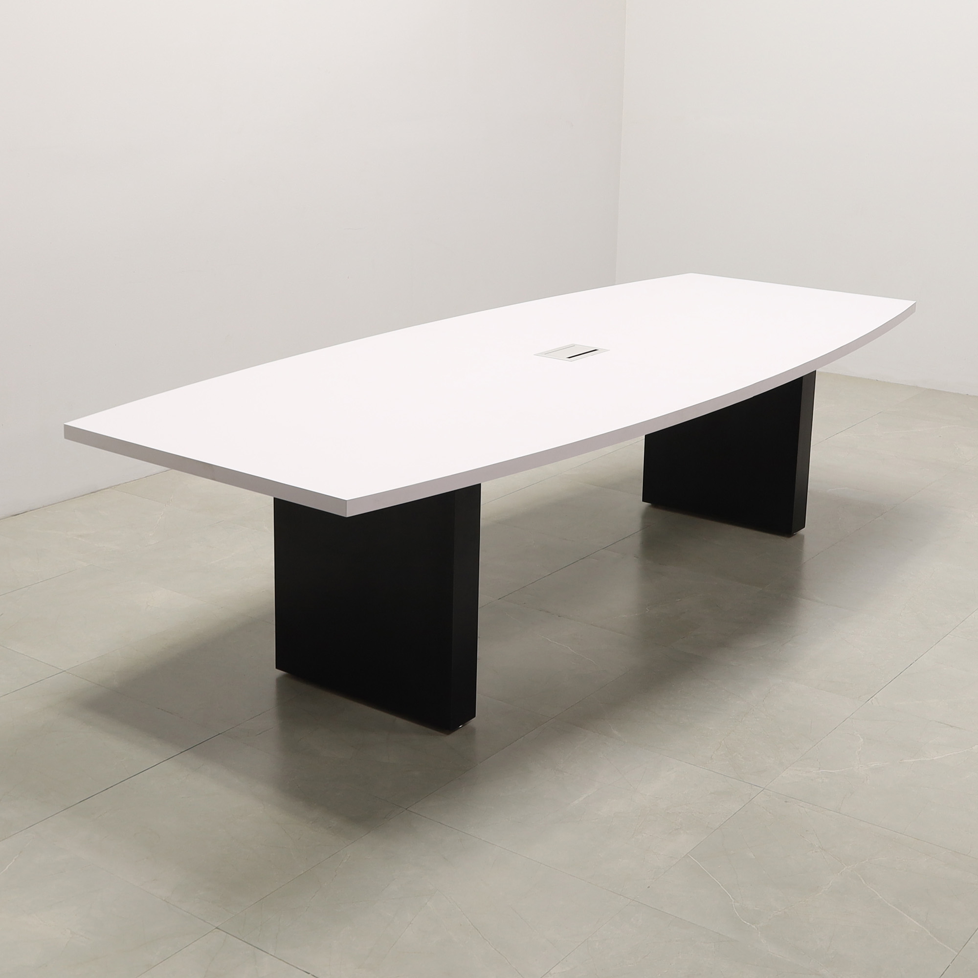 120-inch Newton Boar Shaped Conference Table in white matte laminate top, standard black matte laminate, and silver MX3 power box.