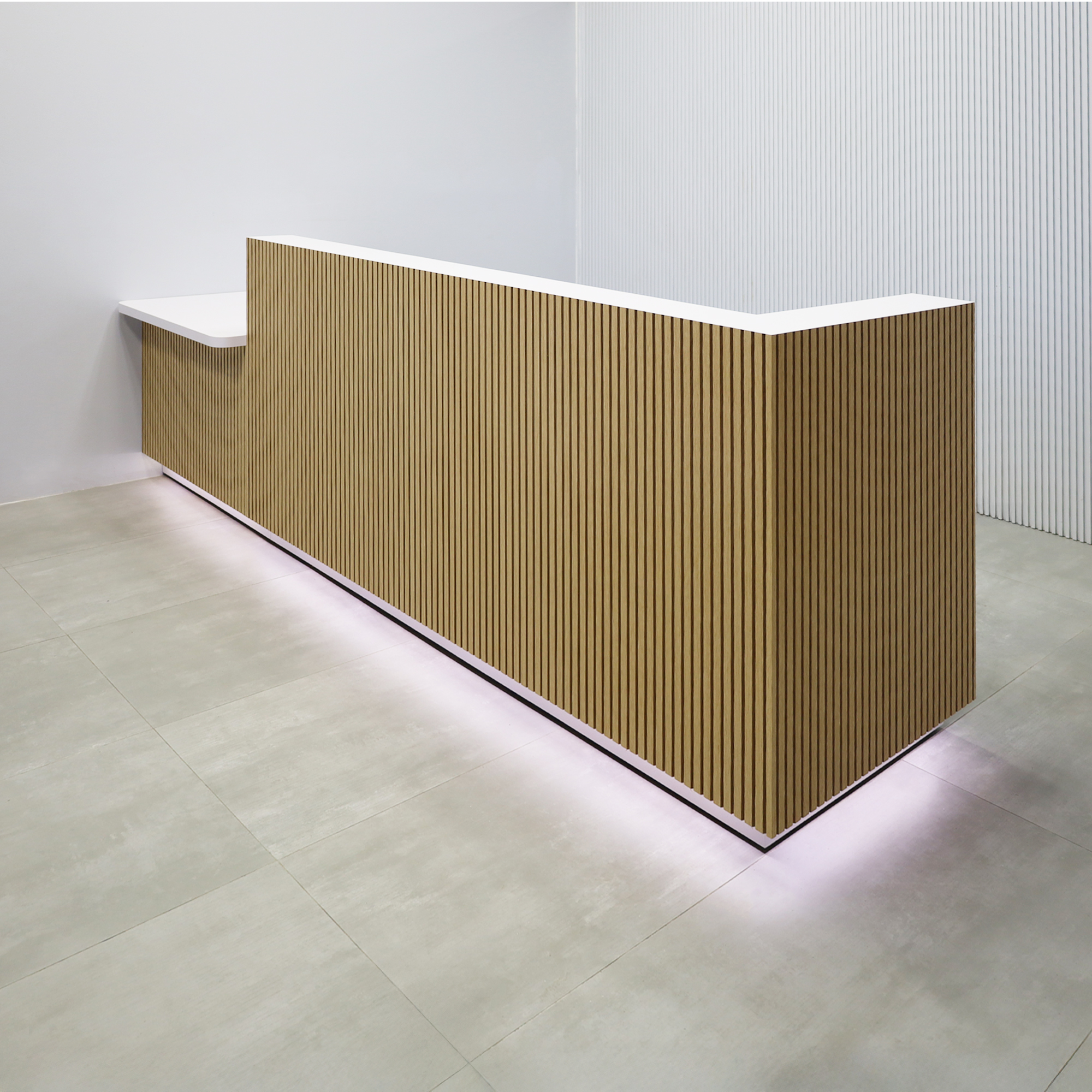 120-inch Dallas ADA Reception Desk with white oak tambour countertop, white matte laminate main desk, white matte laminate toe-kick, and warm white LED.