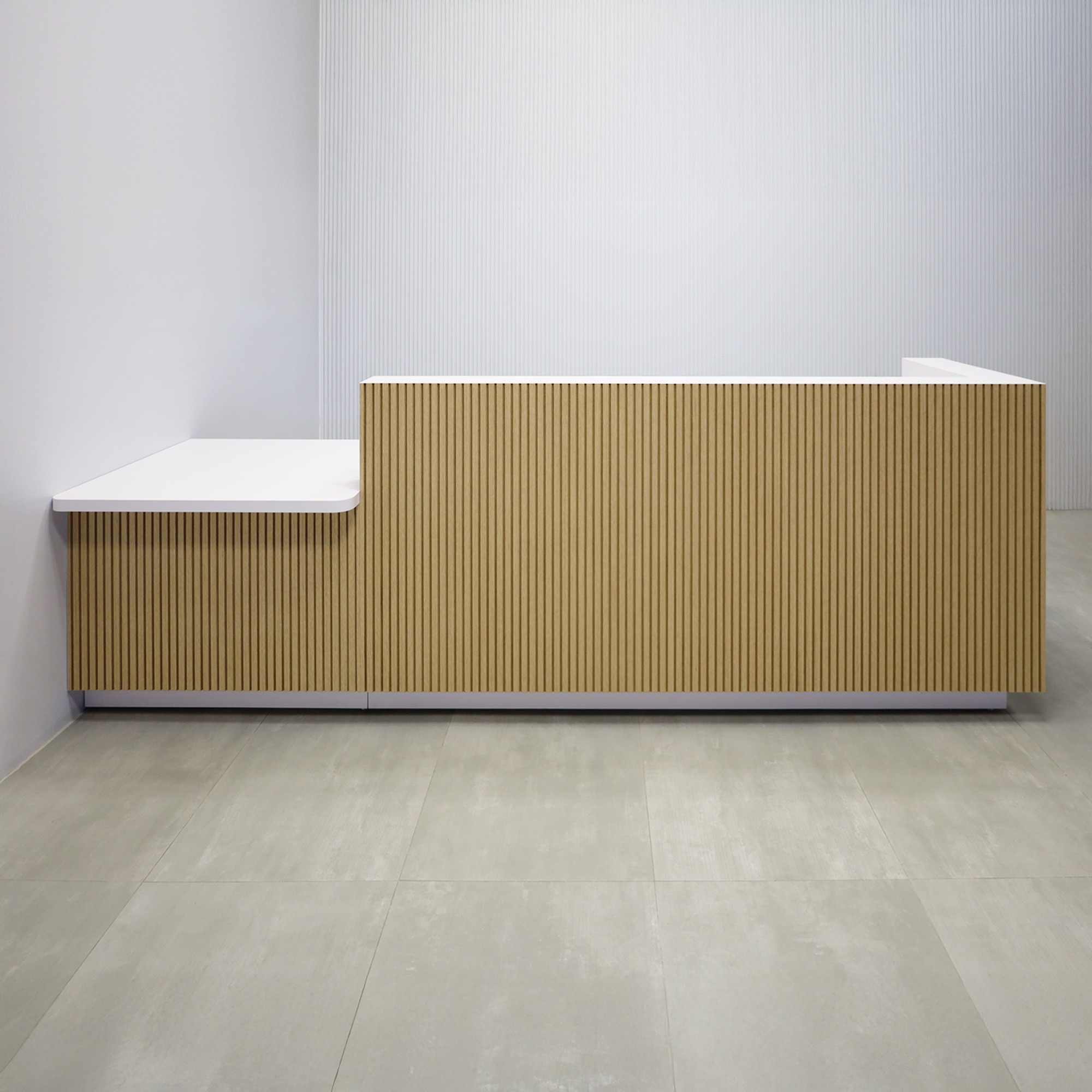120-inch Dallas ADA Reception Desk with white oak tambour countertop, white matte laminate main desk, and white matte laminate toe-kick.