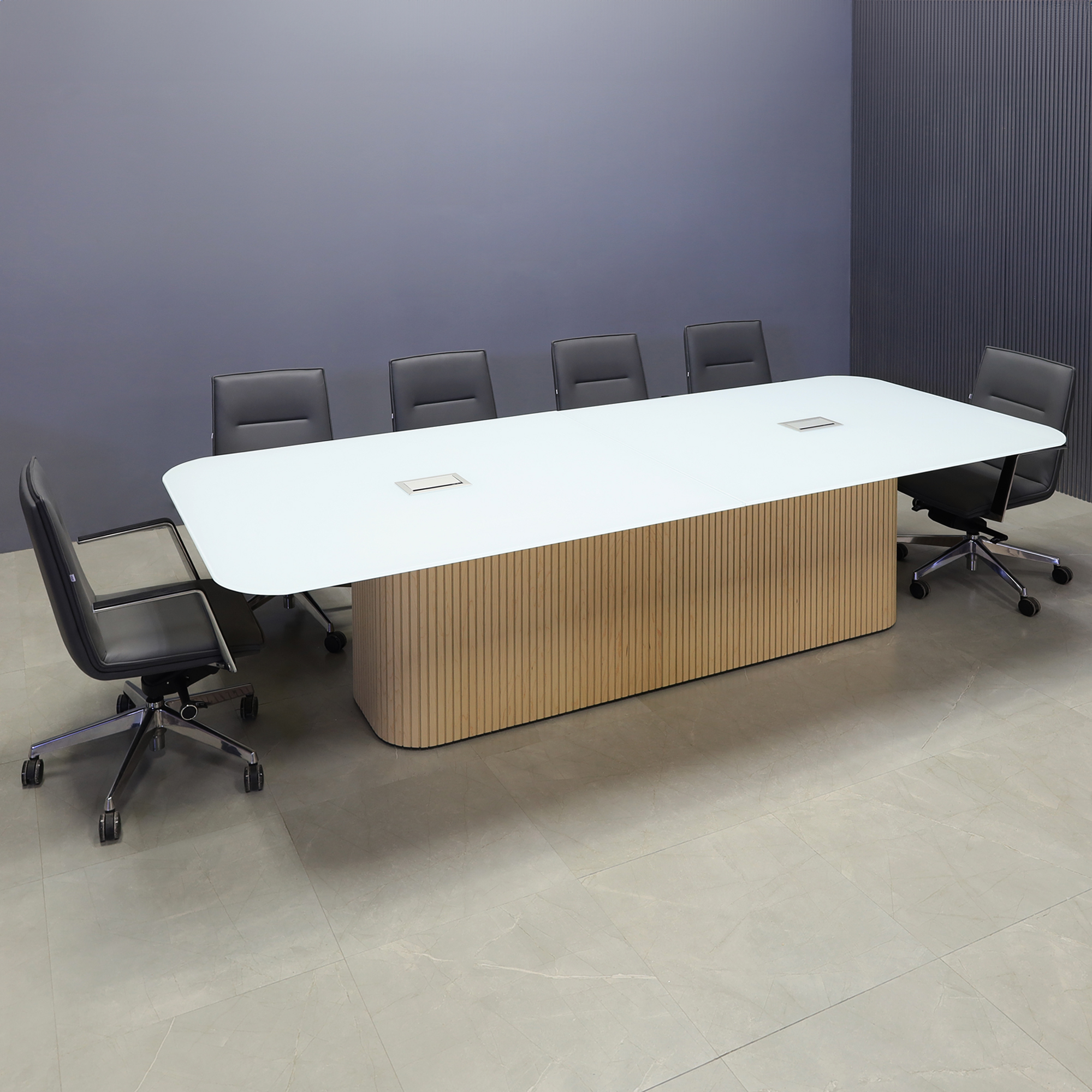 120-inch Omaha Racetrack Conference Table X2 with White Tempered Glass top, Maple tambour X2 base, two silver Mx3 power boxes.