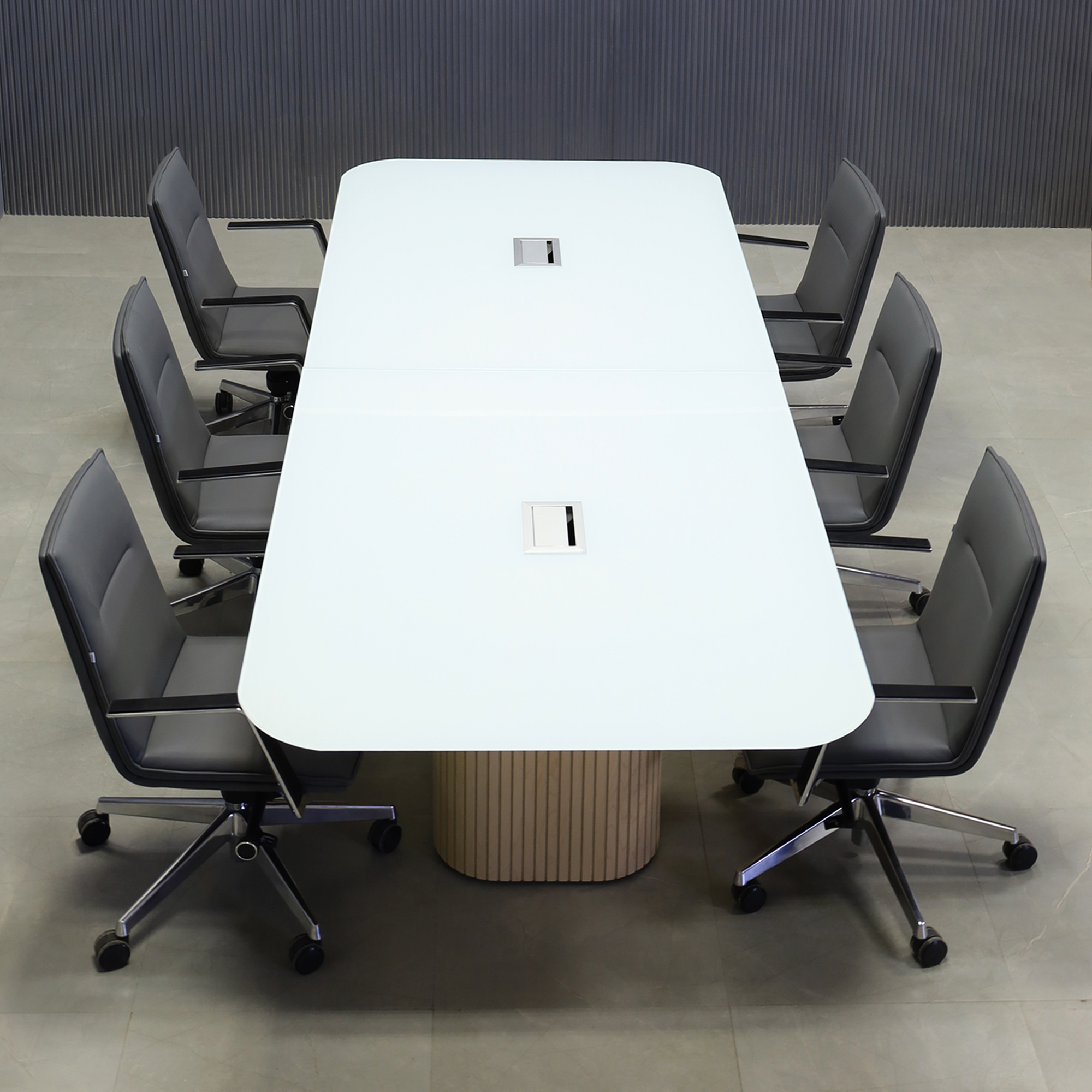 120-inch Omaha Racetrack Conference Table X2 with White Tempered Glass top, Maple tambour X2 base, two silver Mx3 power boxes.