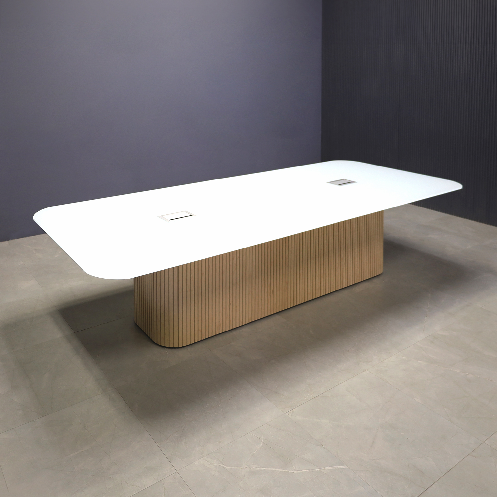 120-inch Omaha Racetrack Conference Table X2 with White Tempered Glass top, Maple tambour X2 base, two silver Mx3 power boxes.