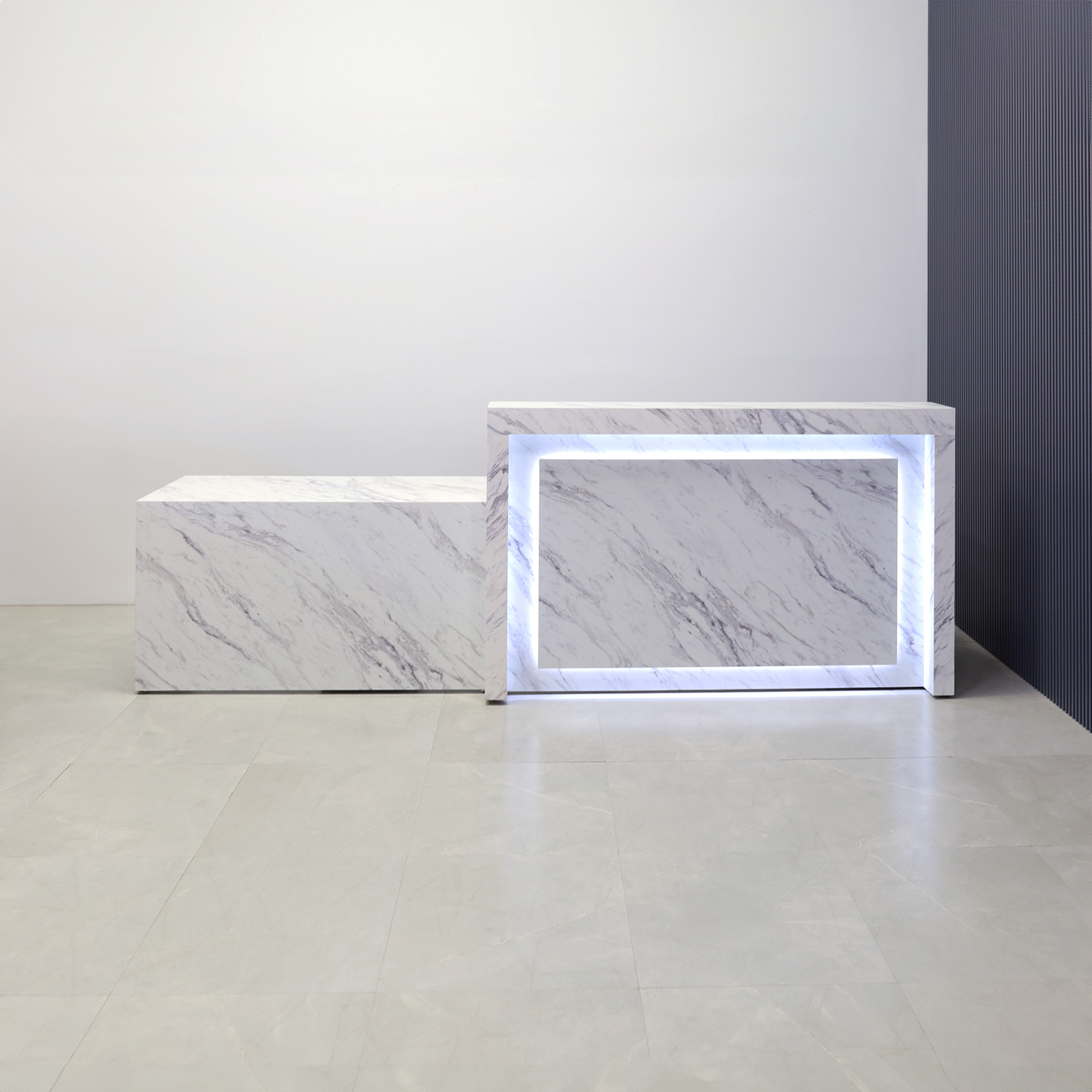 126-inch New York ADA Compliant Custom Reception Desk with Calcutta Laminate desk finish, and white LED.