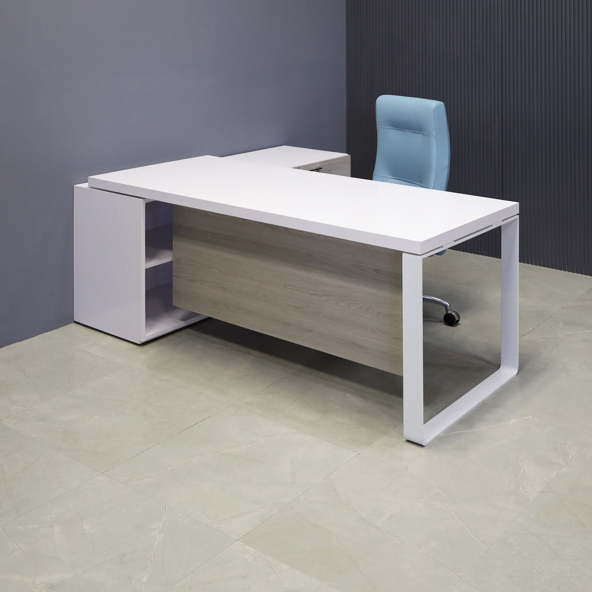 Aspen Executive Desk With Credenza in white gloss laminate top & credenza, greywood matte laminate privacy panel & front drawers, and white metal leg shown here.