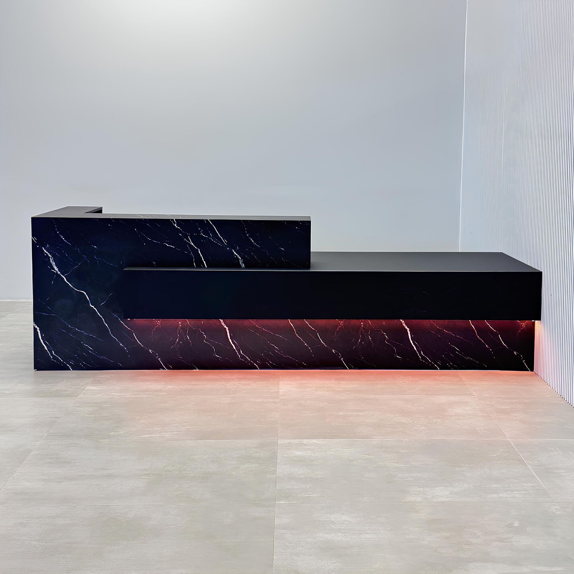 132-inch Atlanta Custom ADA Reception Desk with black stone palazzo desk, black traceless laminate workspace & accent panel, and colored LED.