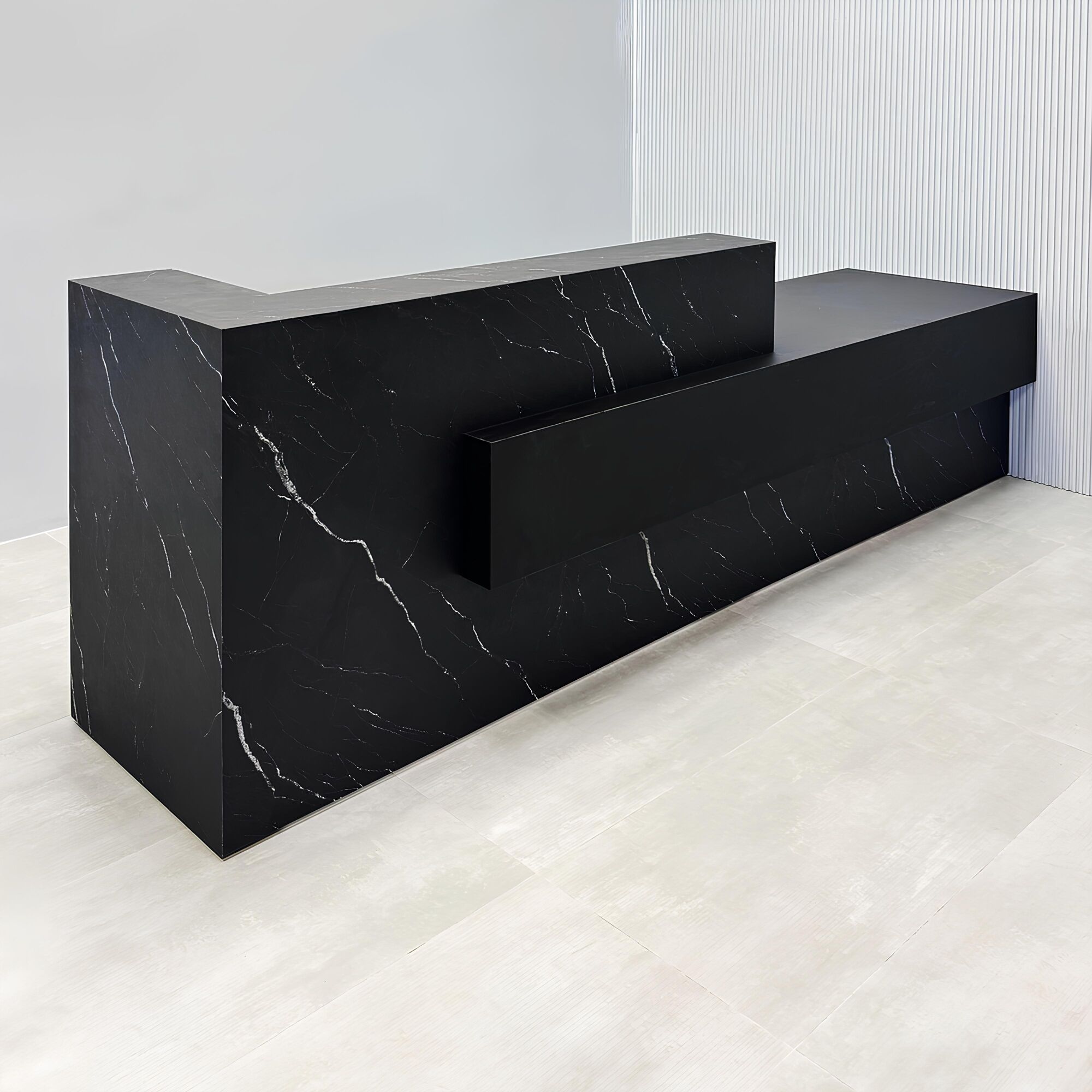 132-inch Atlanta Custom ADA Reception Desk with black stone palazzo desk, black traceless laminate workspace & accent panel, and colored LED.