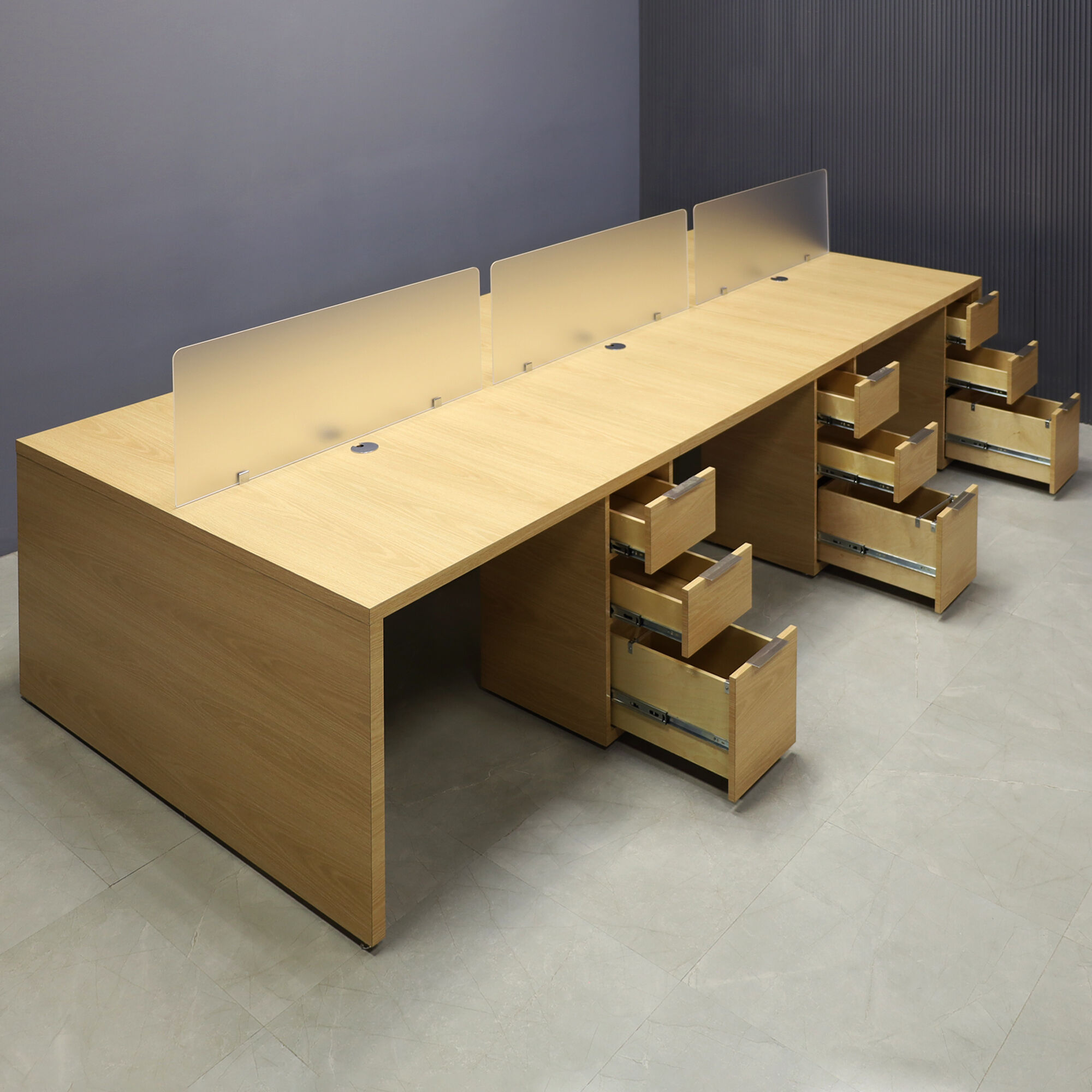 132-inches aXis Custom Workstation in special custom laminate top, legs & storage, with three frosted acrylic partitions.