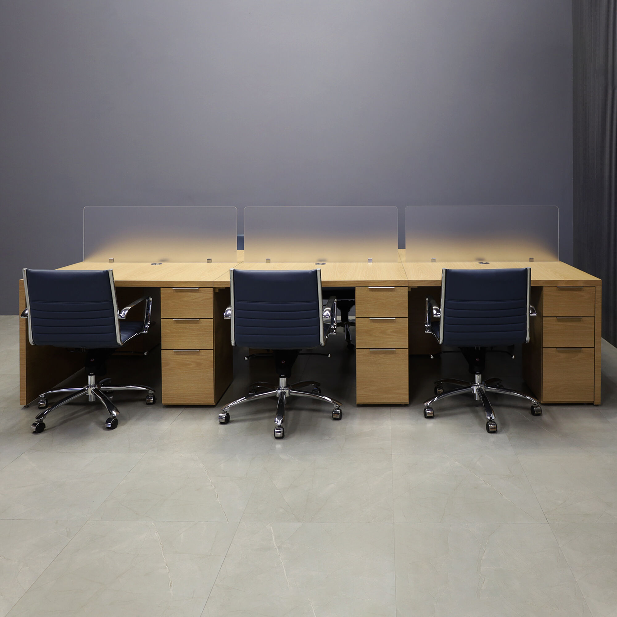 132-inches aXis Custom Workstation in special custom laminate top, legs & storage, with three frosted acrylic partitions.