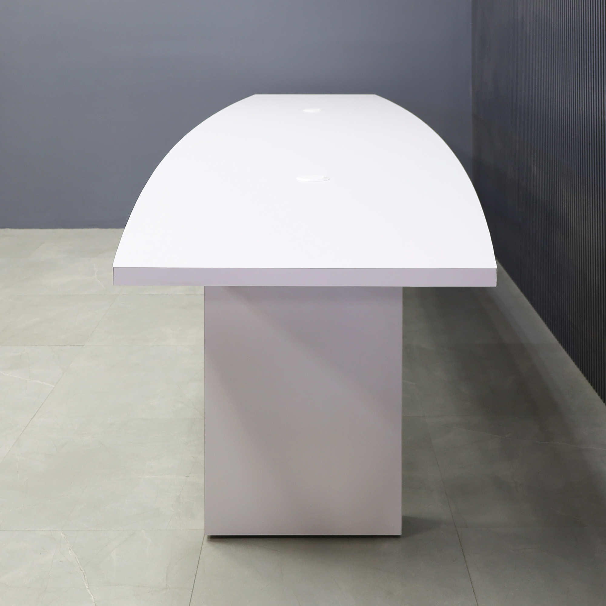 132-inch Counter Height Collaboration and Huddle Table in white matte laminate top and base with MX1 powerboxes shown here.