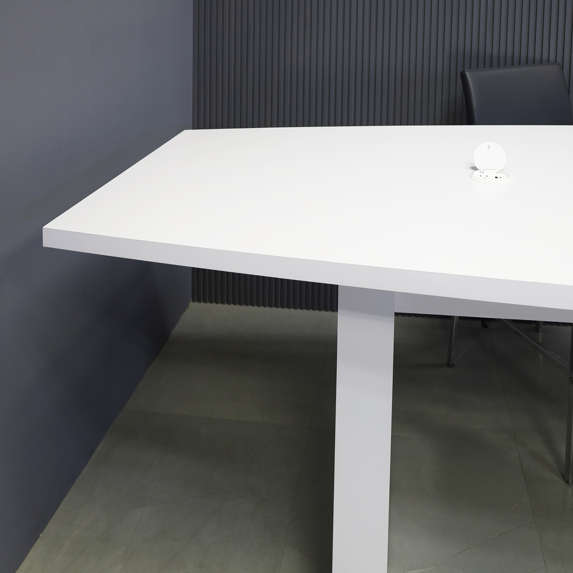 132-inch Counter Height Collaboration and Huddle Table in white matte laminate top and base with MX1 powerboxes shown here.