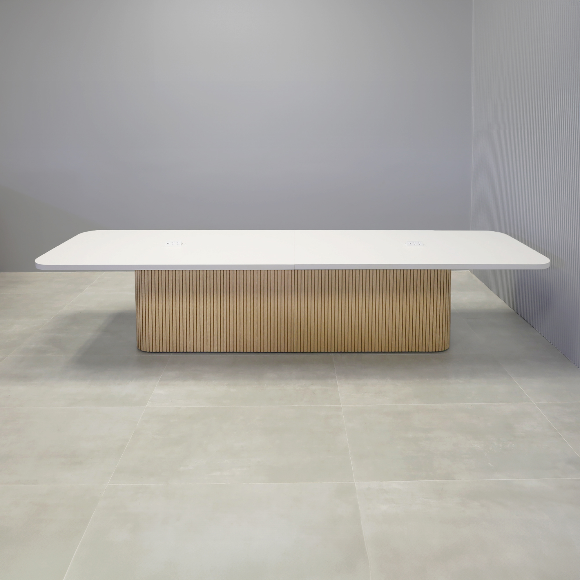 Newton Racetrack Conference Table X2 with White Matte laminate top, White Oak tambour base, and Mx2 in Silver.