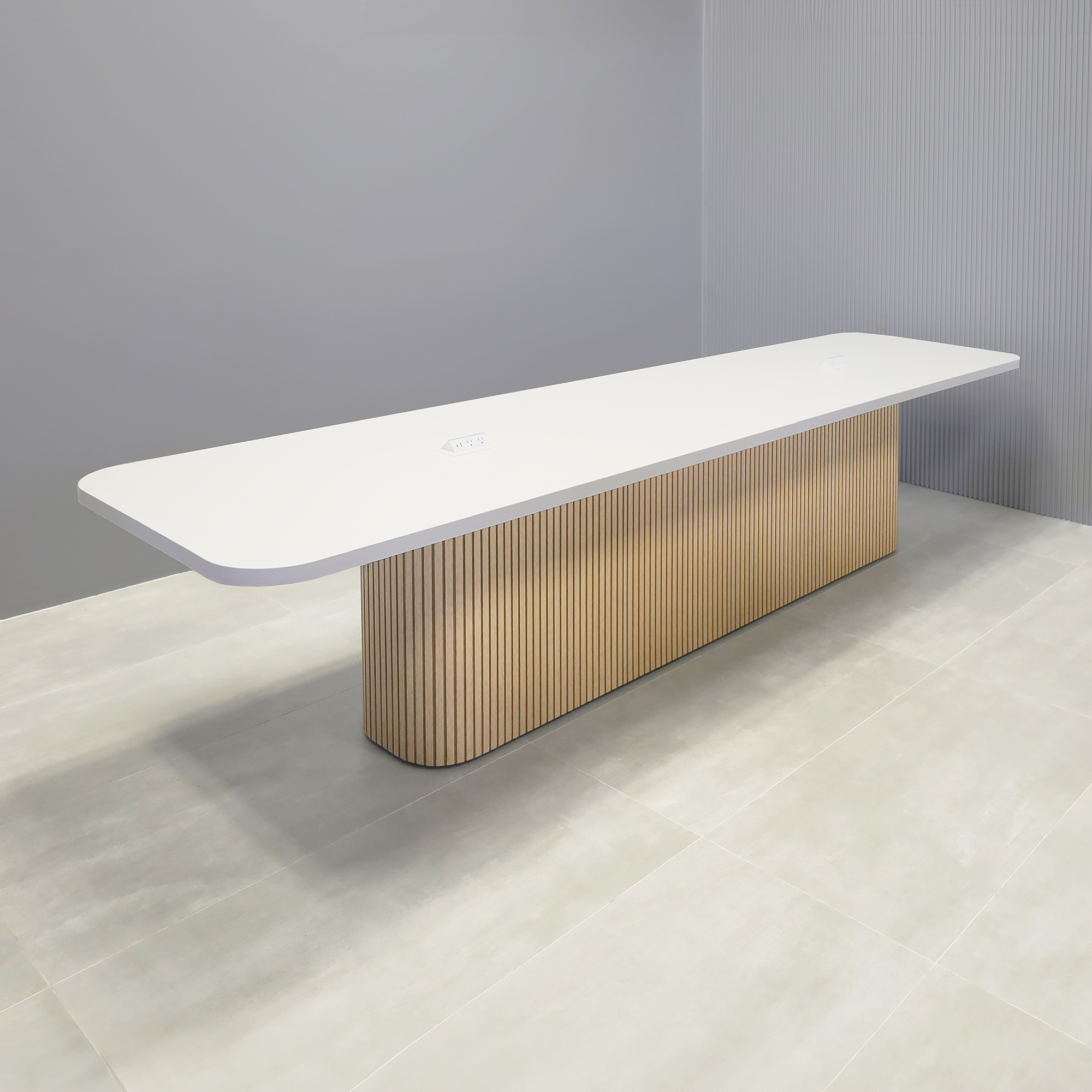 Newton Racetrack Conference Table X2 with White Matte laminate top, White Oak tambour base, and Mx2 in Silver.