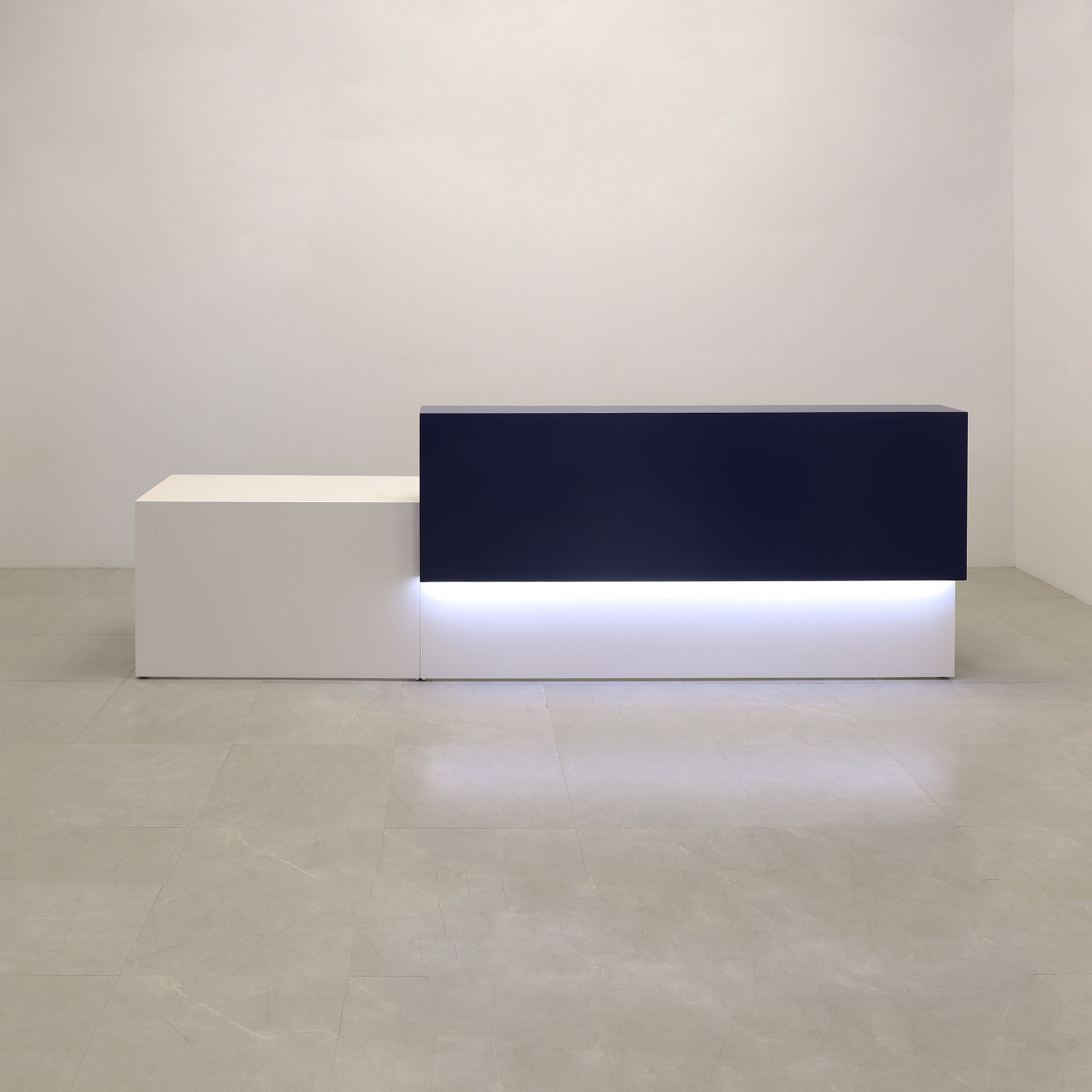 Los Angeles Long and ADA Compliant Custom Reception Desk in navy blue matte laminate counter and dover-off white laminate desk, with warm white LED shown here.