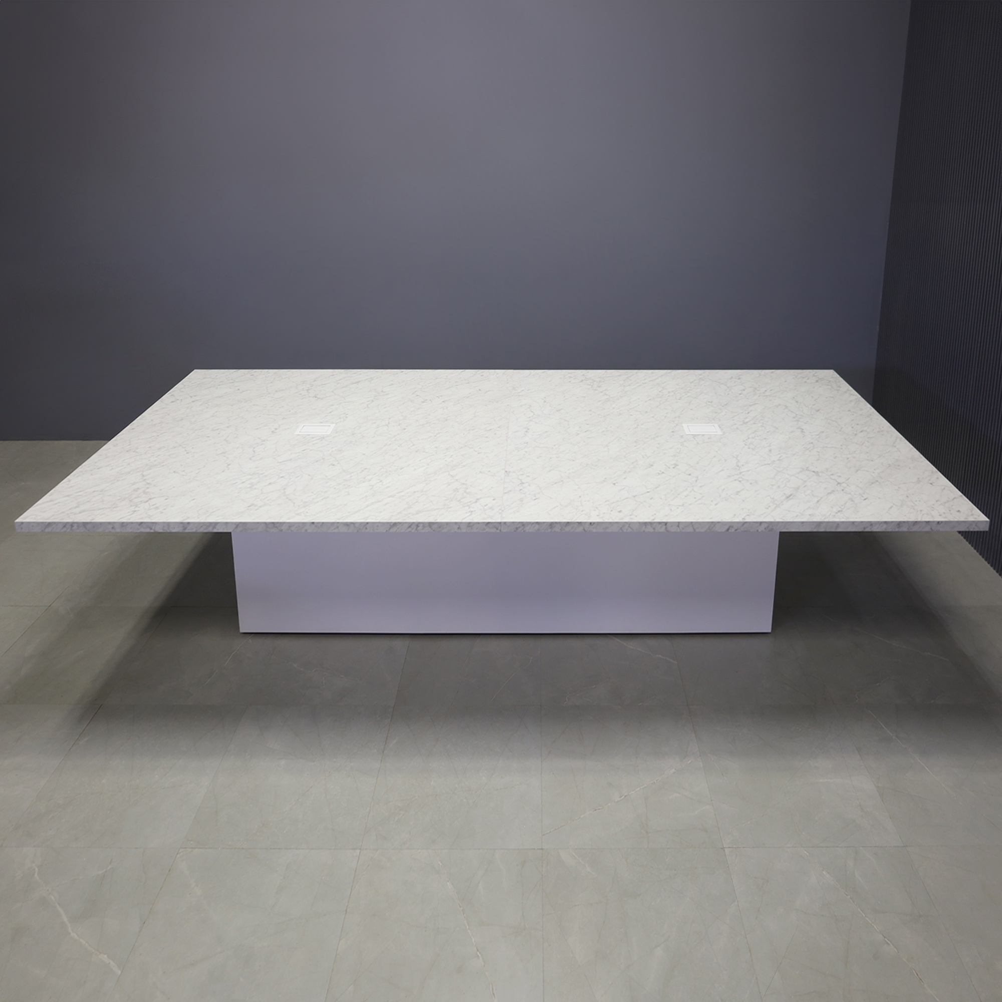 144-inch Newton Rectangular Conference Table in carrara laminate top, with two white MX2 powerboxes, and white matte laminate column base, shown here.