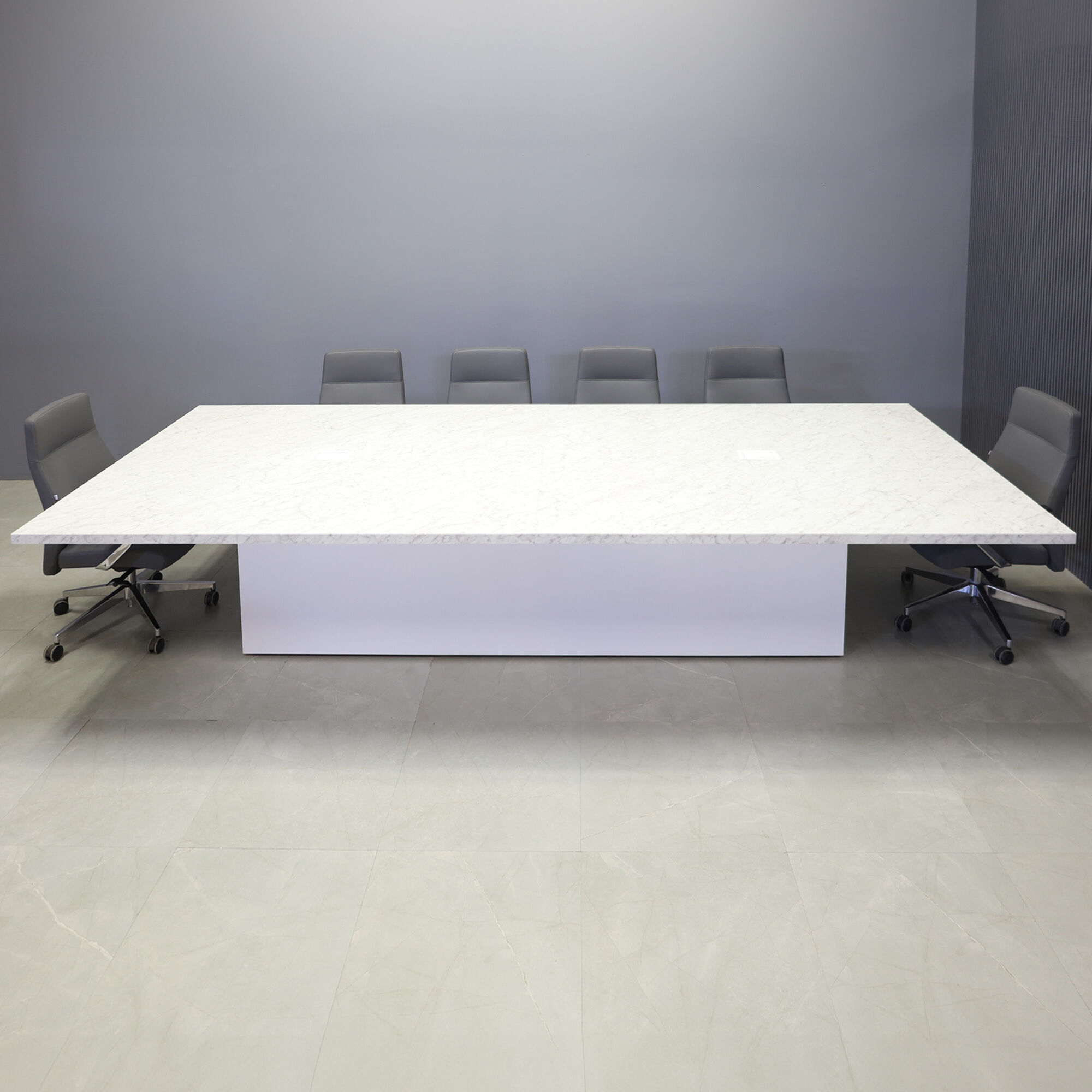 144-inch Newton Rectangular Conference Table in carrara laminate top, with two white MX2 power boxes, and white matte laminate column base.