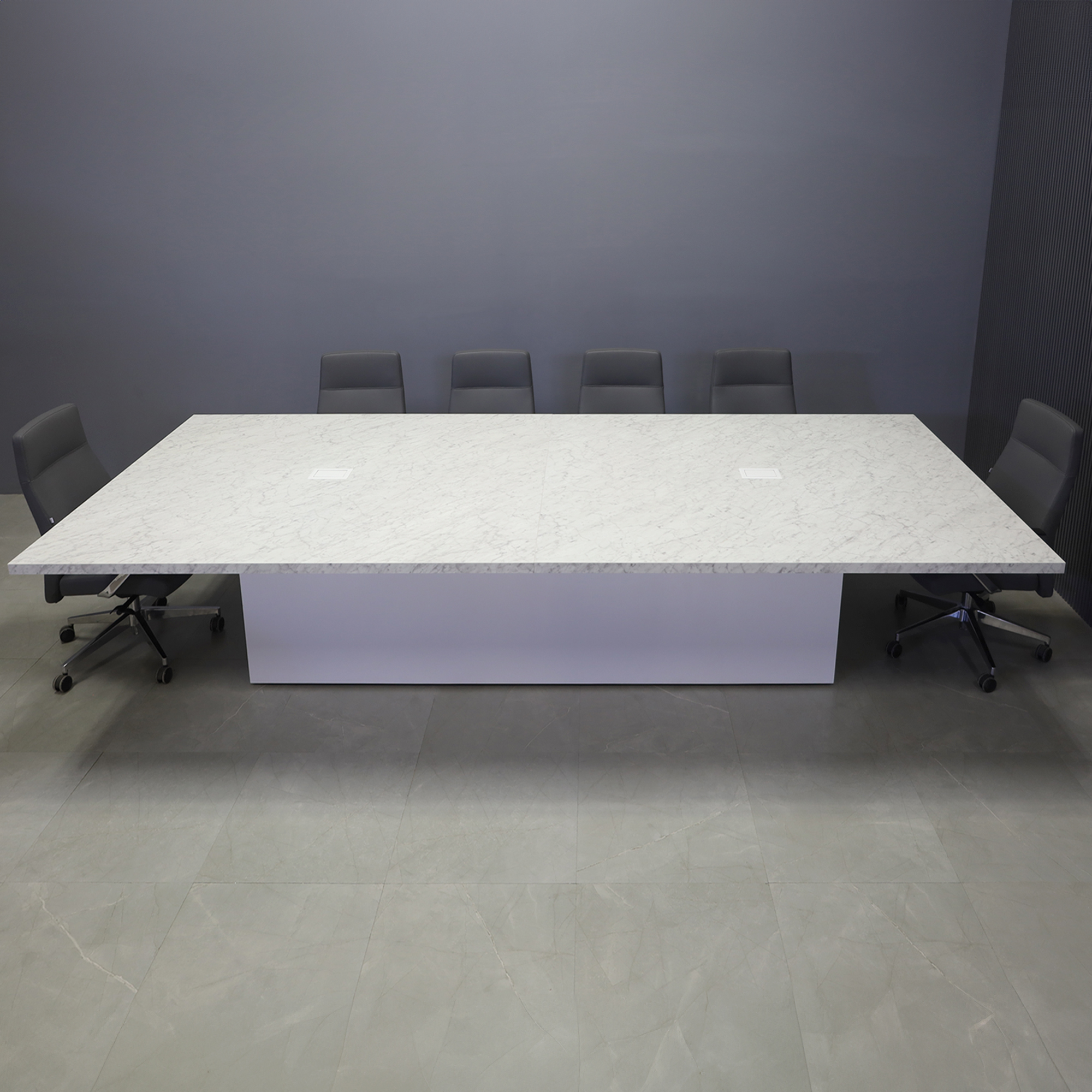 144-inch Newton Rectangular Conference Table in carrara laminate top, with two white MX2 powerboxes, and white matte laminate column base, shown here.