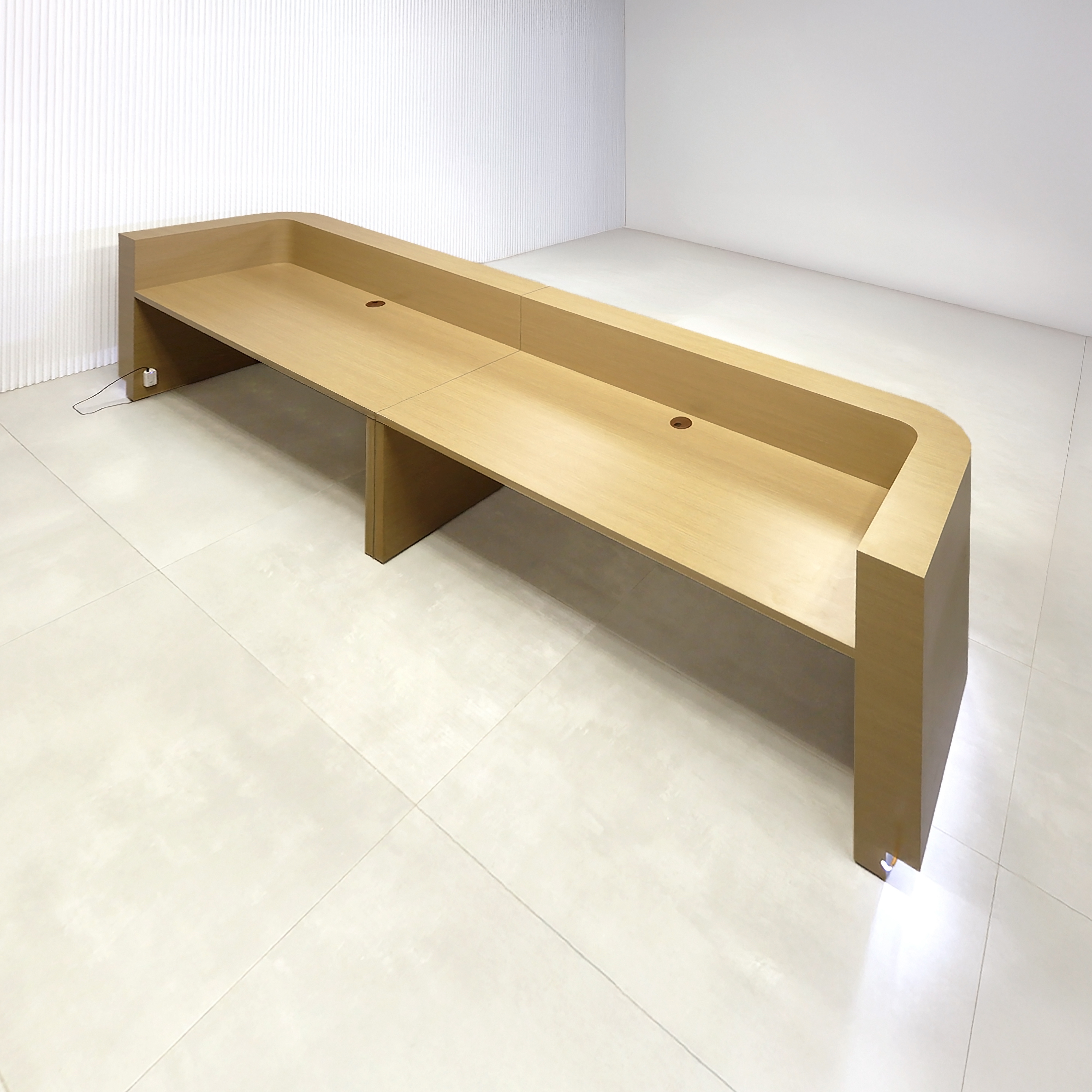 144-inch Nola U Large Reception Desk with (Formaica Pecan Woodline matte laminate counter, desk, and workspace. Brushed Aluminum toe-kick, and warm white LED.