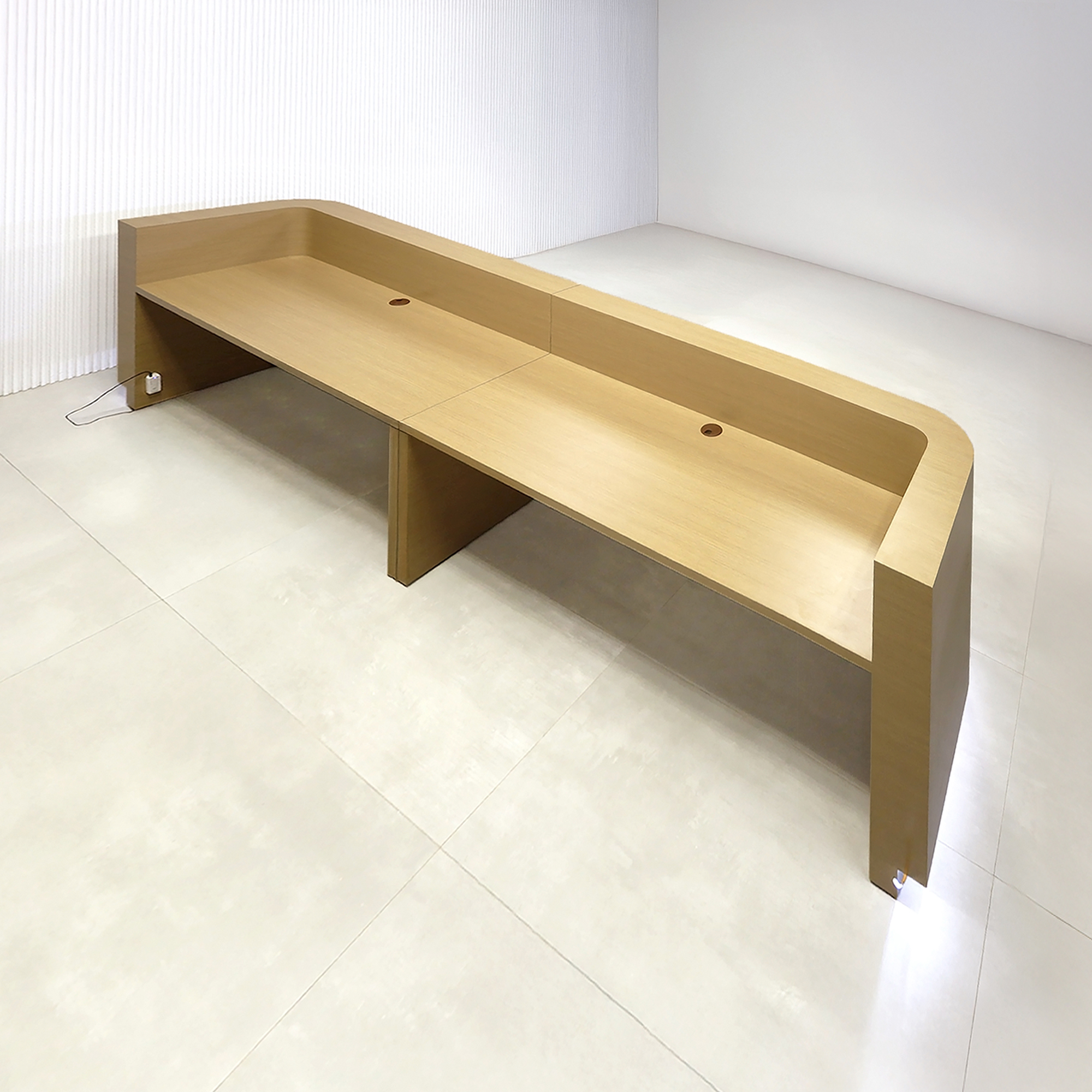 144-inch Nola U Large Reception Desk with (Formaica Pecan Woodline matte laminate counter, desk, and workspace. Brushed Aluminum toe-kick, and warm white LED.