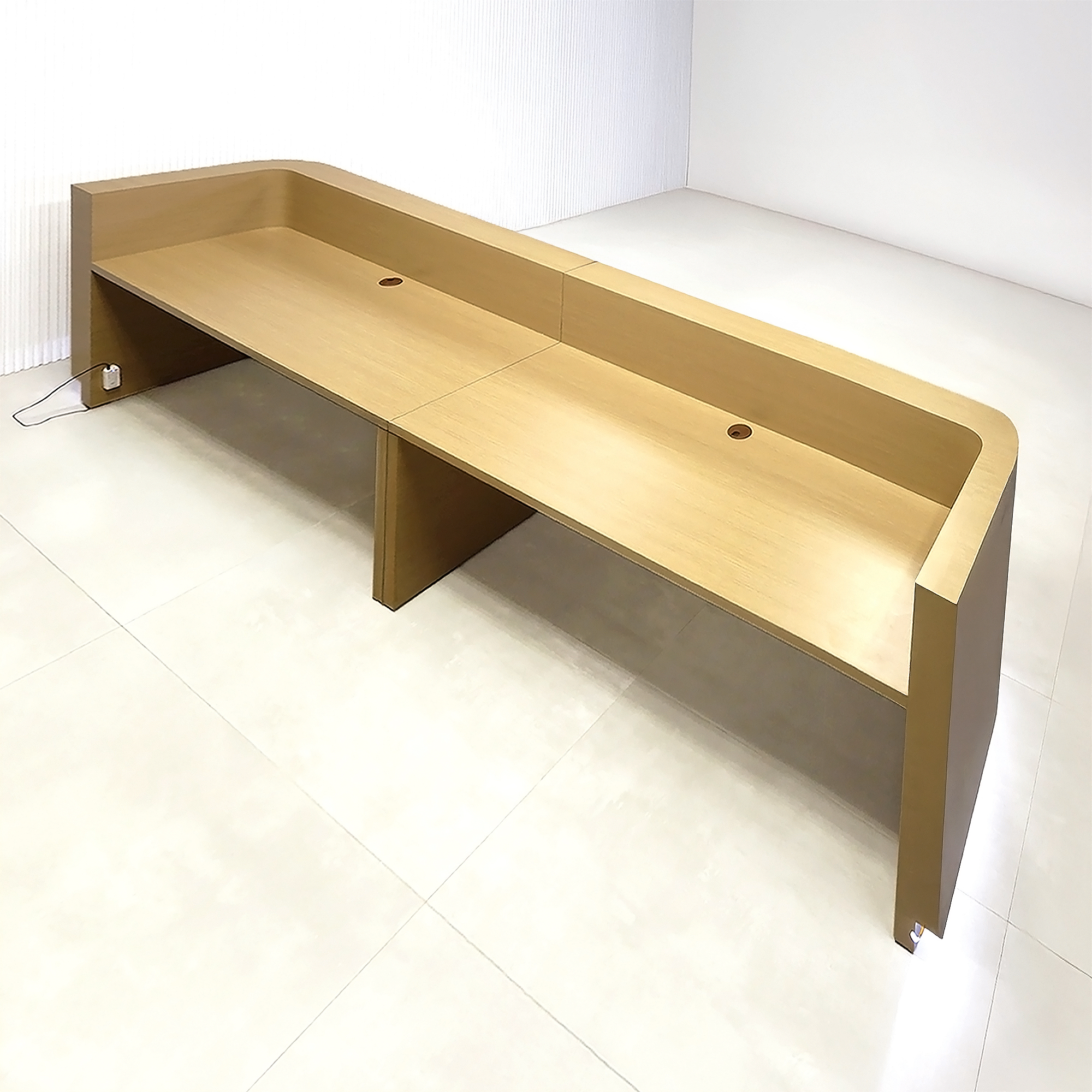 144-inch Nola U Large Reception Desk with (Formaica Pecan Woodline matte laminate counter, desk, and workspace. Brushed Aluminum toe-kick, and warm white LED.